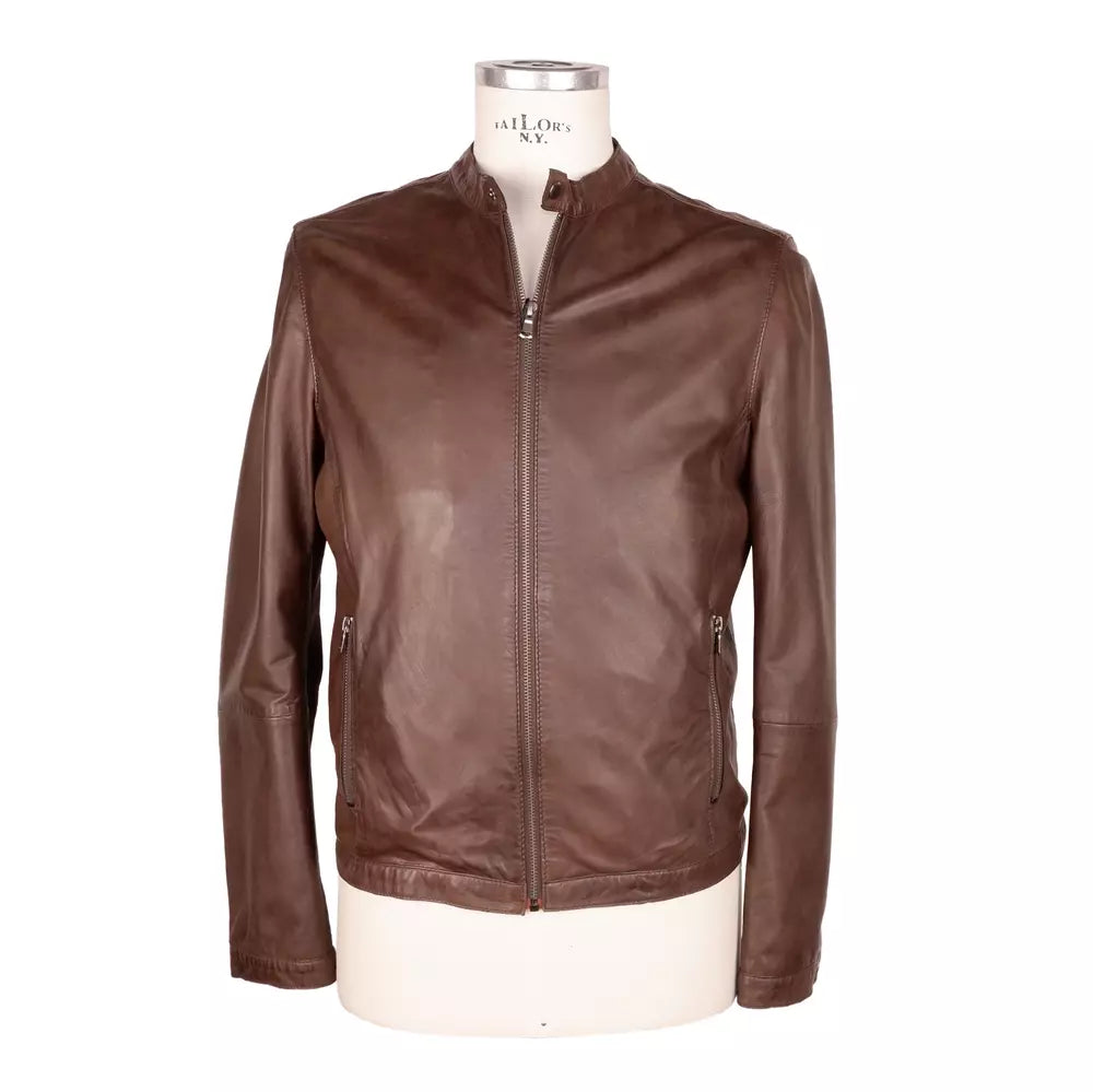 Veste élégante en cuir marron avec col à pression Emilio Romanelli