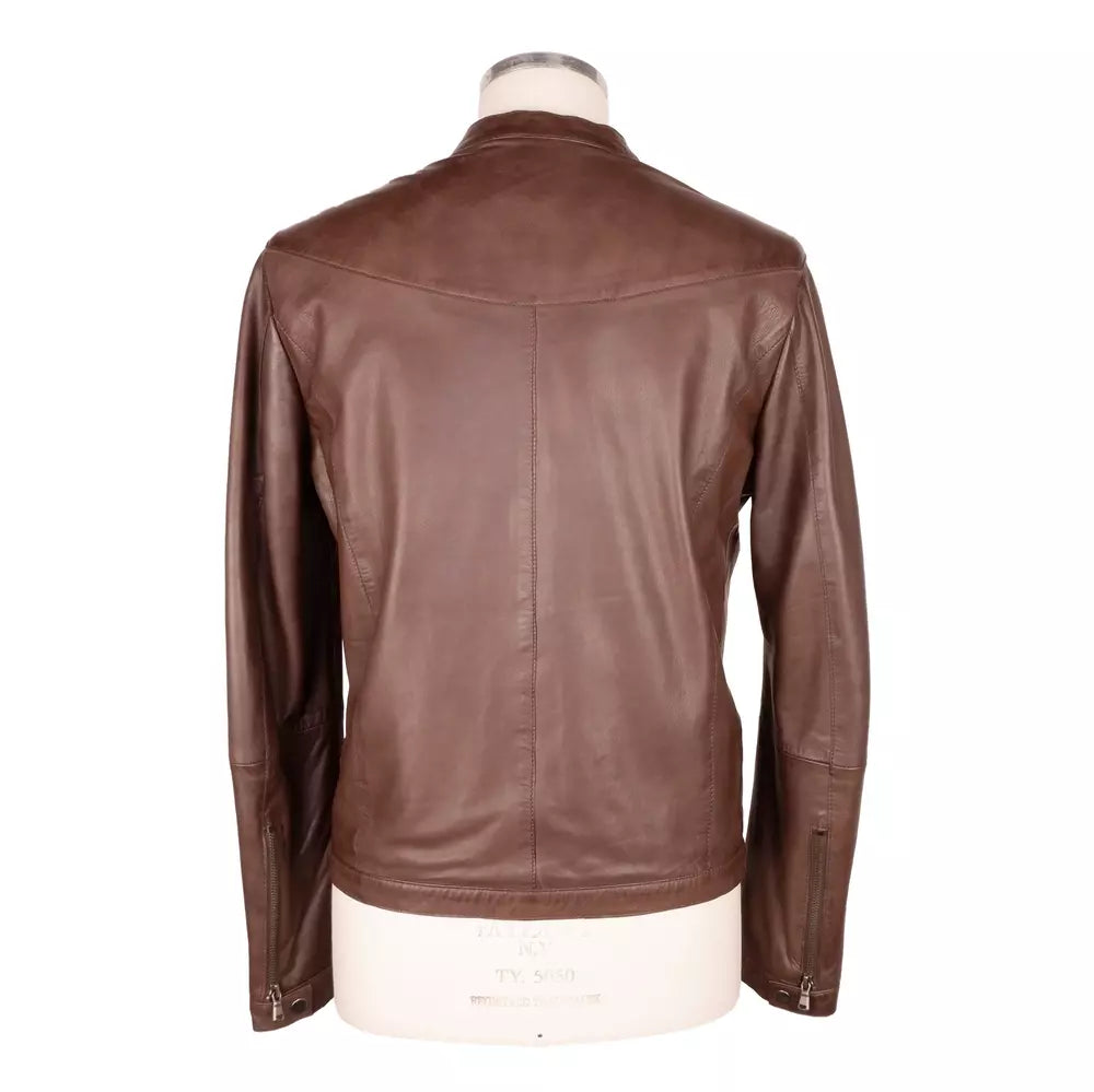 Veste élégante en cuir marron avec col à pression Emilio Romanelli