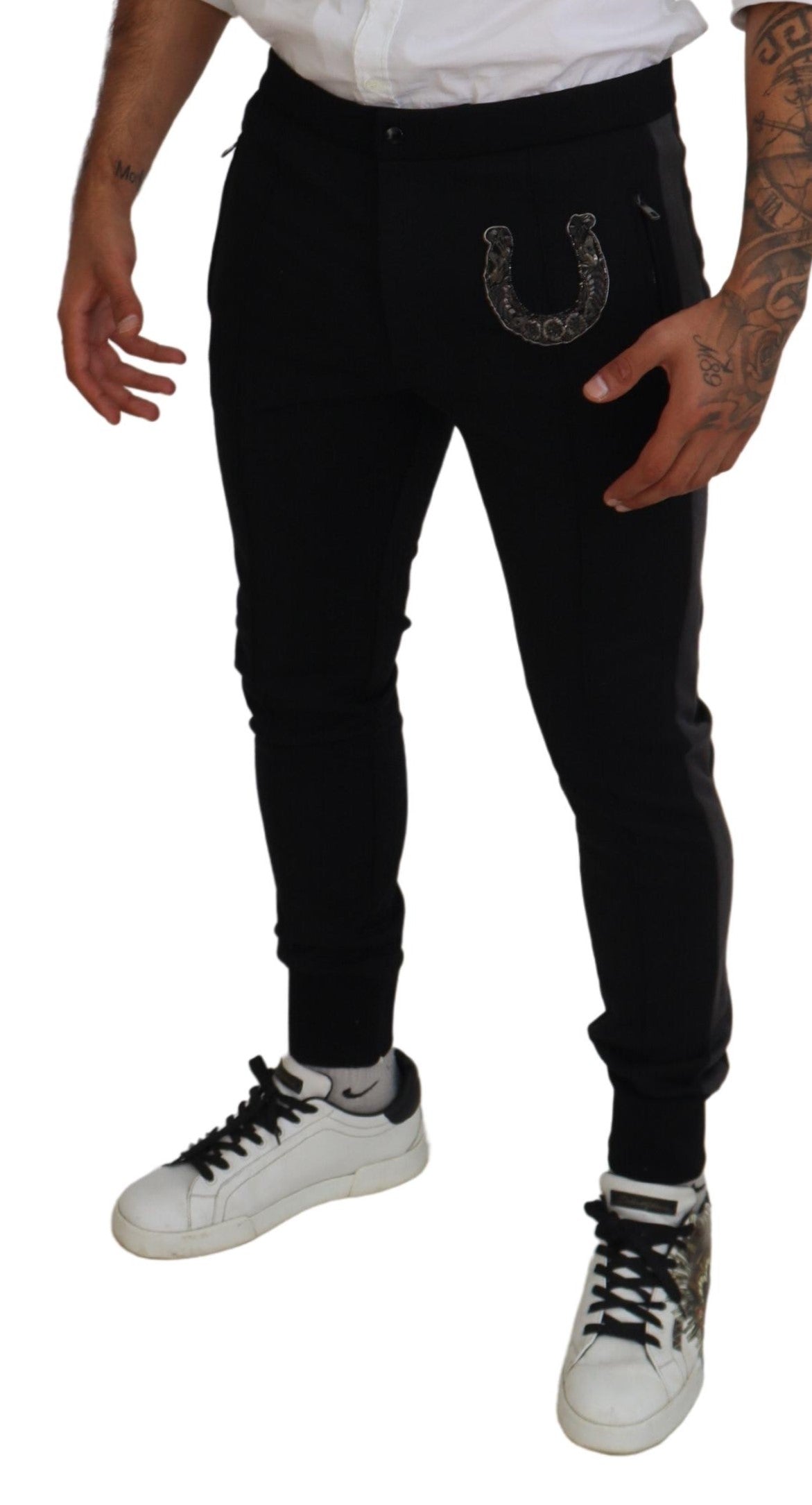 Dolce & Gabbana Black Wool Horseshoe Jogger Pants by Dolce & Gabbana