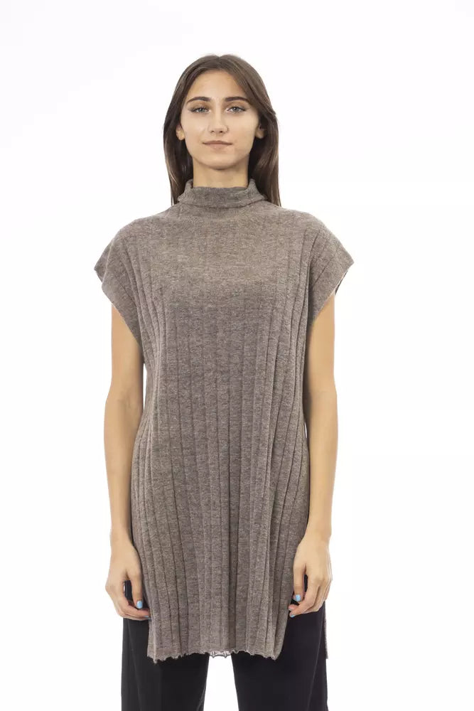 Alpha Studio Brown Wool Women Sweater with Turtleneck and Side Slits by Alpha Studio