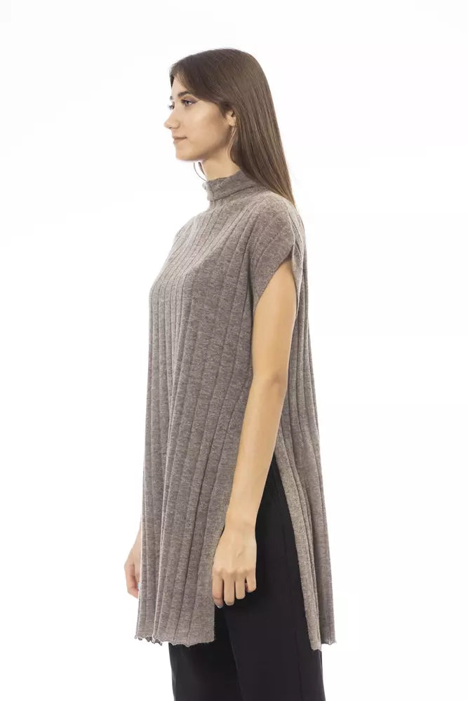 Alpha Studio Brown Wool Women Sweater with Turtleneck and Side Slits by Alpha Studio