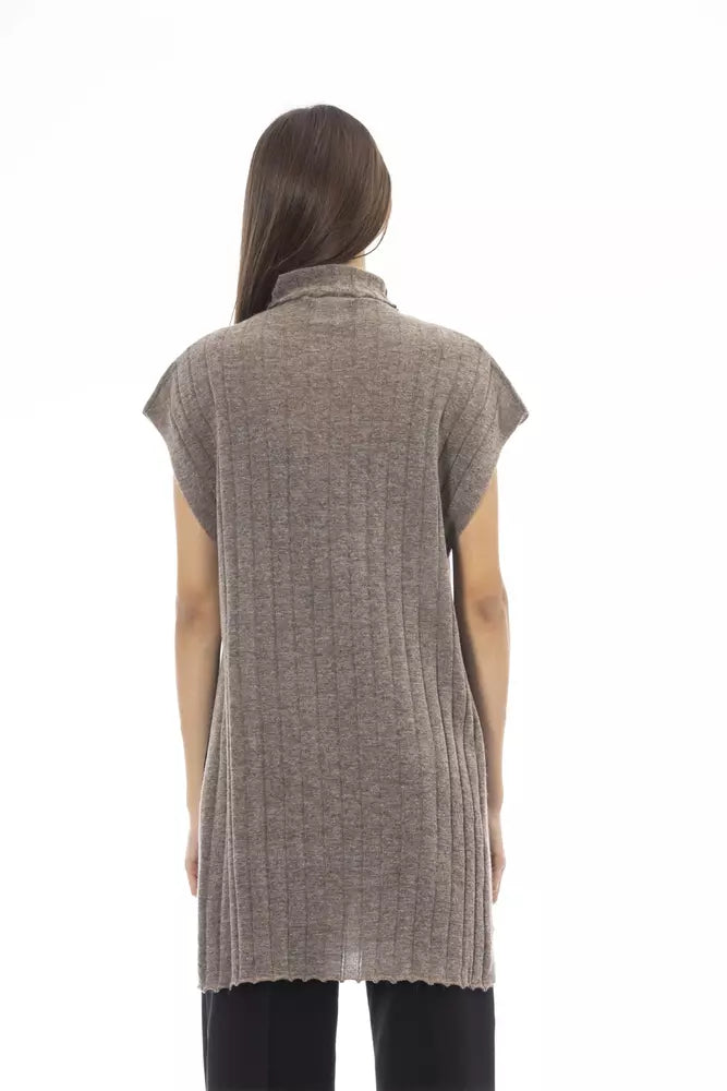 Alpha Studio Brown Wool Women Sweater with Turtleneck and Side Slits by Alpha Studio