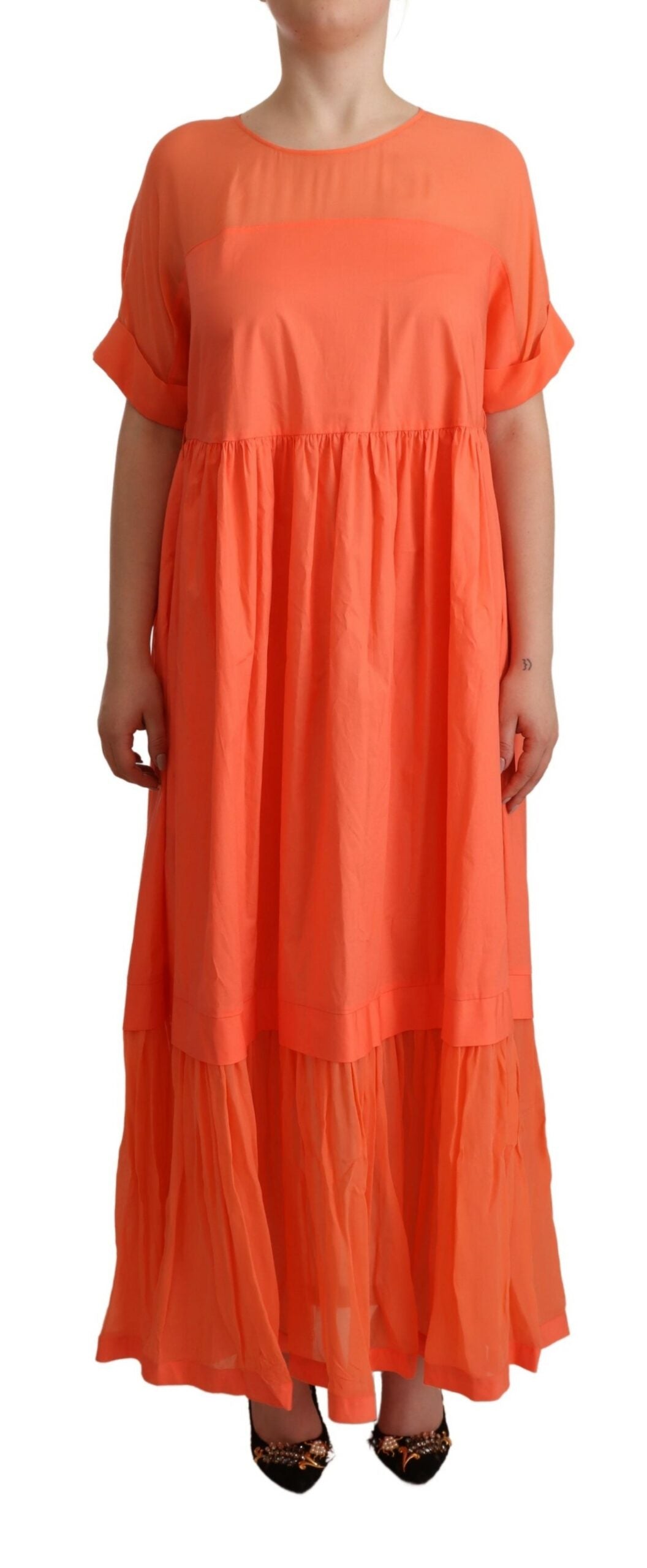 Twinset Coral Cotton Blend Short Sleeves Maxi Shift Dress by Twinset