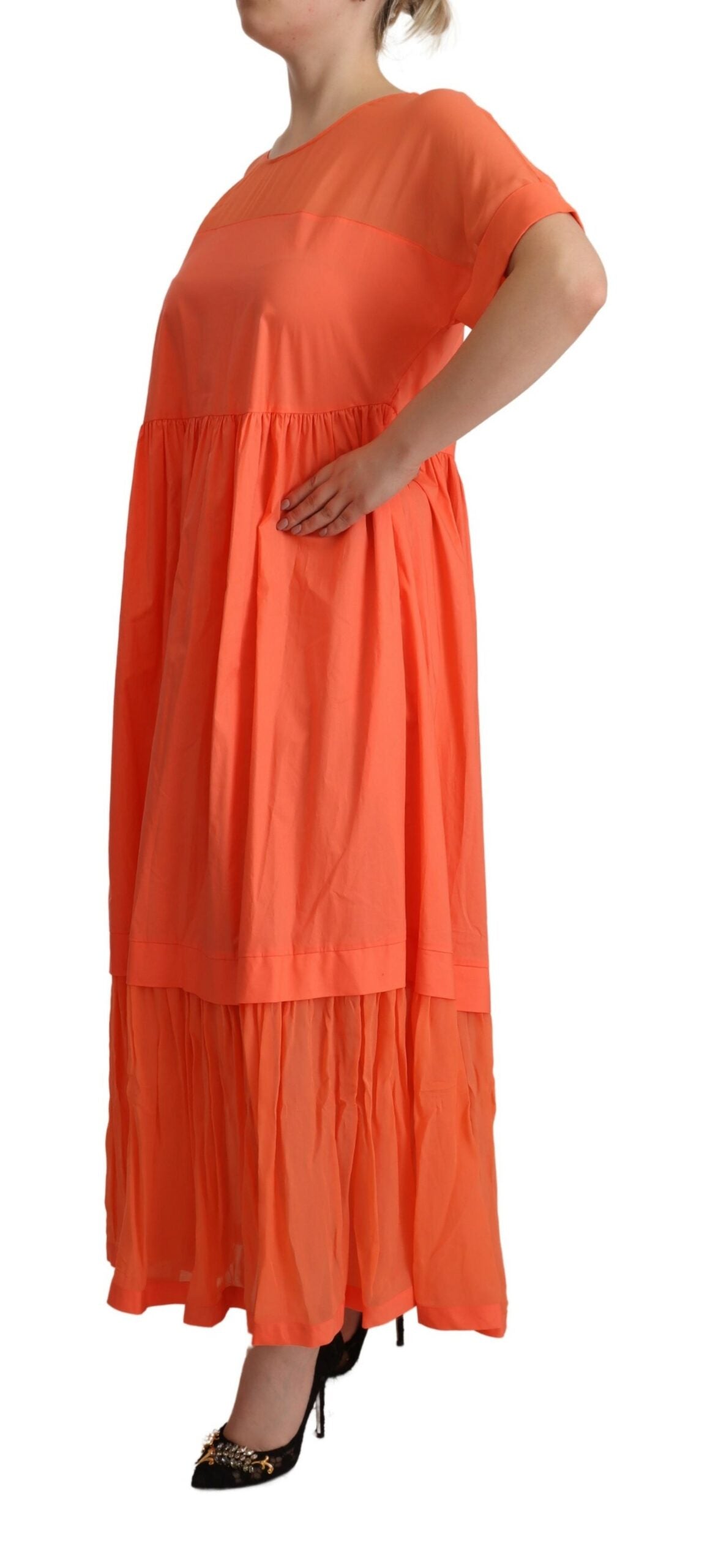 Twinset Coral Cotton Blend Short Sleeves Maxi Shift Dress by Twinset