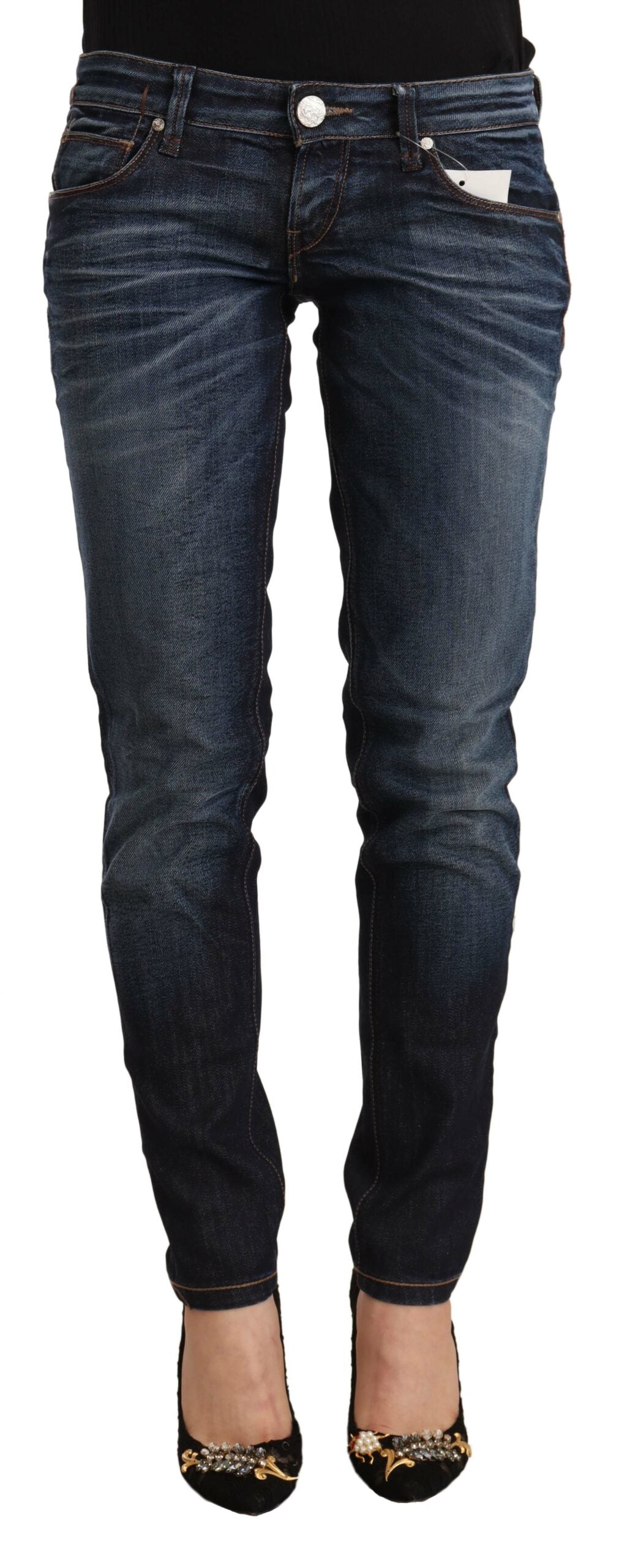 Eight Blue Washed Cotton Low Waist Skinny Denim Jeans