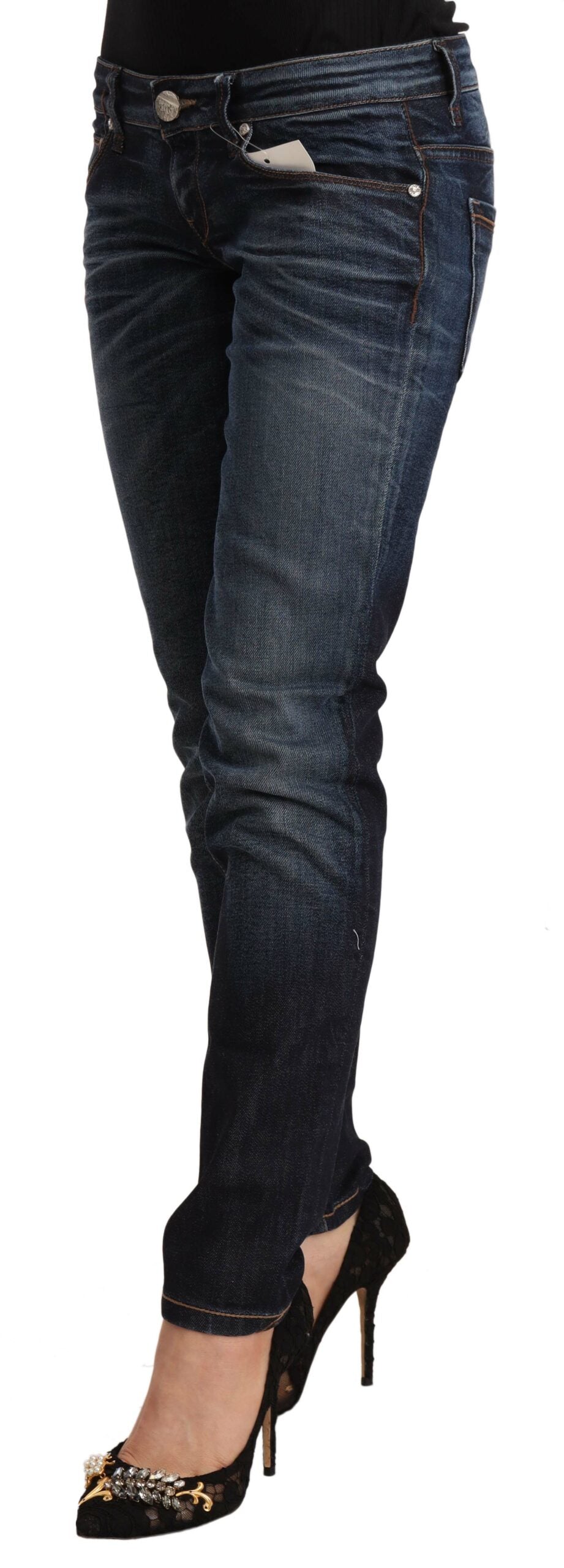 Eight Blue Washed Cotton Low Waist Skinny Denim Jeans