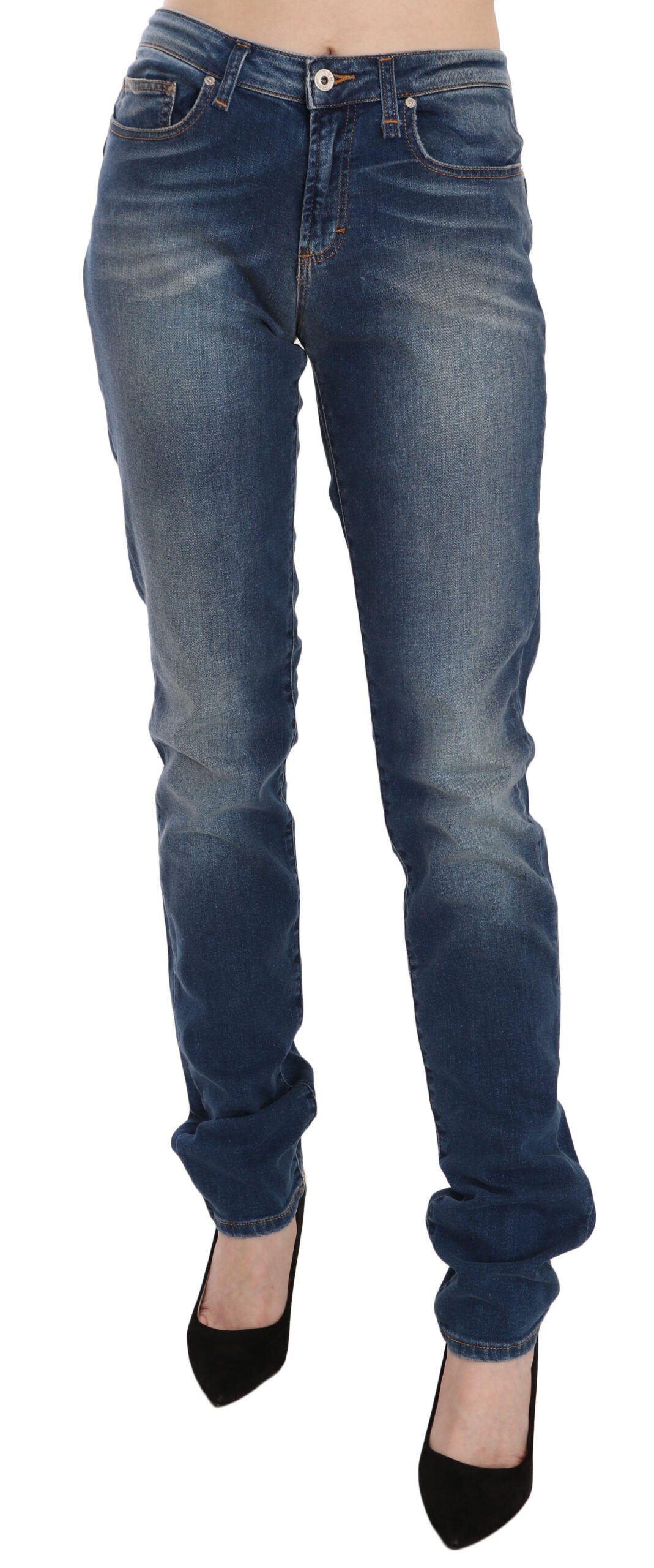 Fiorucci Blue Washed Mid Waist Slim Fit Denim Jeans by Fiorucci
