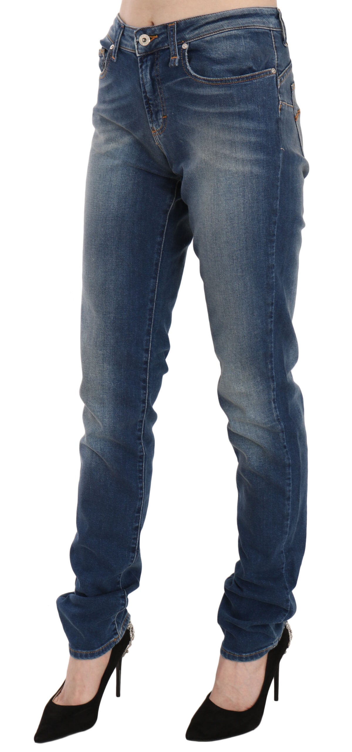 Fiorucci Blue Washed Mid Waist Slim Fit Denim Jeans by Fiorucci