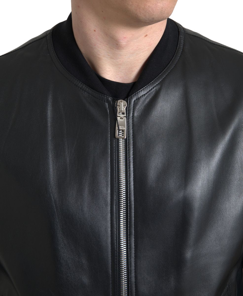 Dolce & Gabbana Élégant blouson aviateur en cuir noir