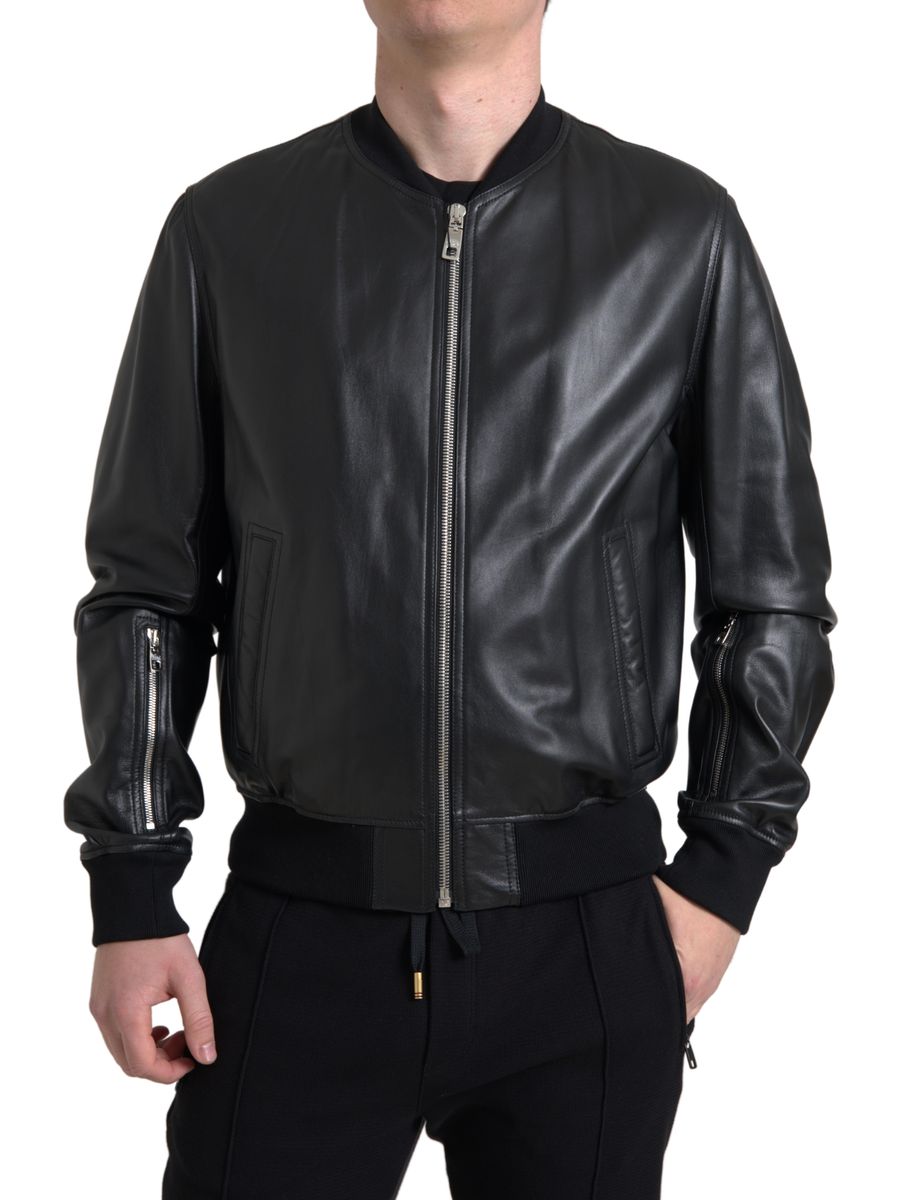 Dolce & Gabbana Élégant blouson aviateur en cuir noir