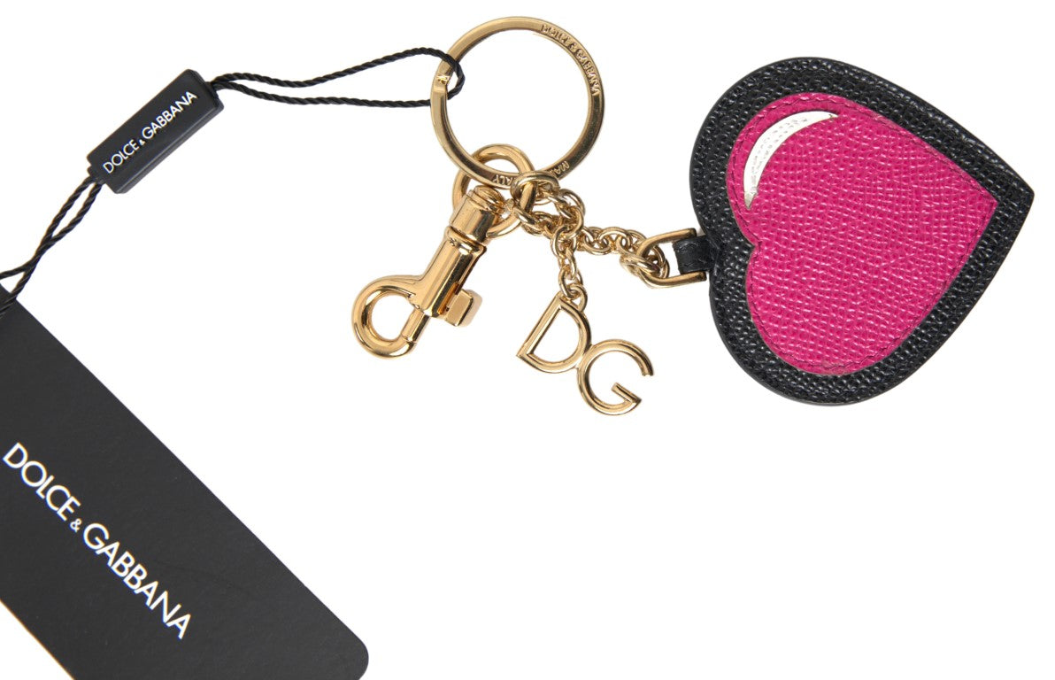 Porte-clés élégant en cuir noir Dolce & Gabbana avec accent fuchsia