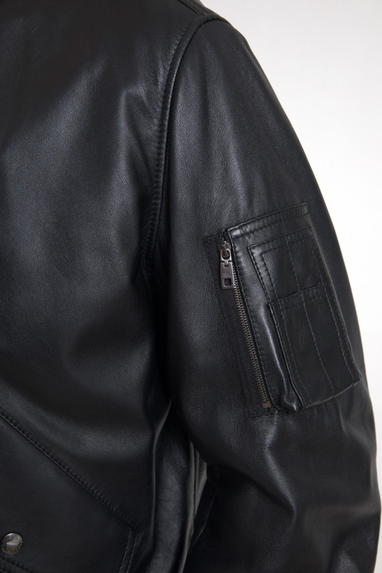 Dolce & Gabbana Élégant blouson aviateur en cuir noir