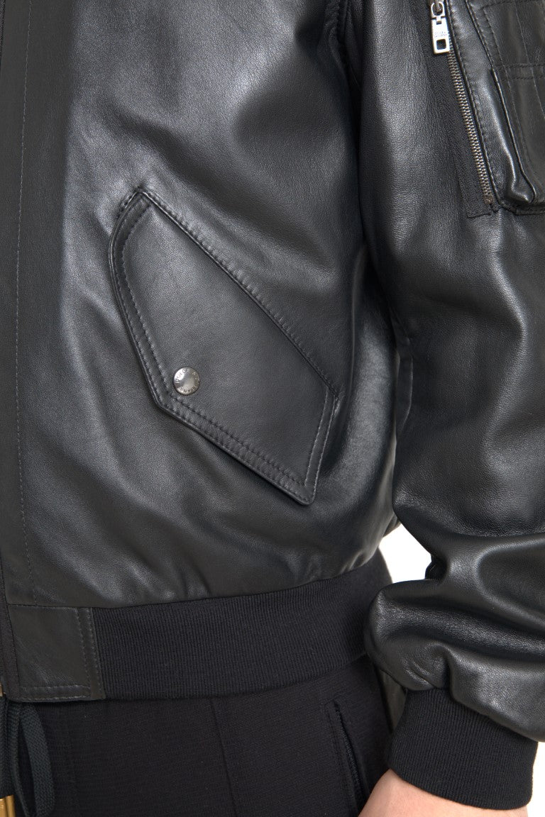 Dolce & Gabbana Élégant blouson aviateur en cuir noir