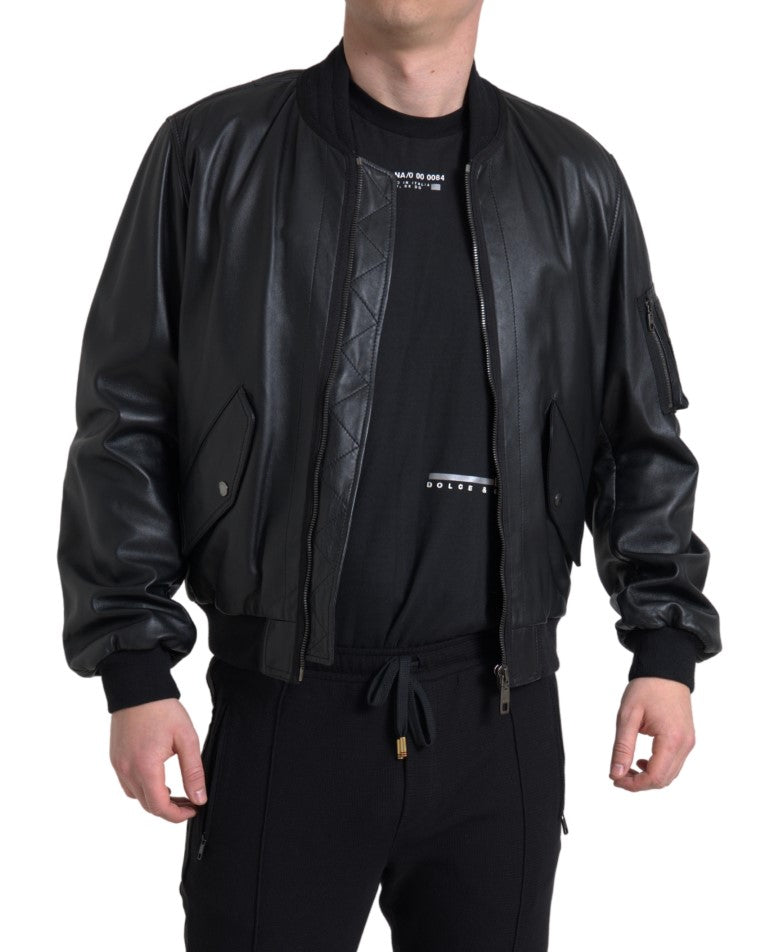Dolce & Gabbana Élégant blouson aviateur en cuir noir