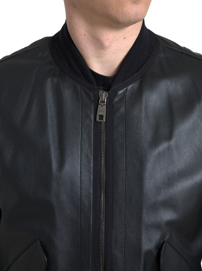 Dolce & Gabbana Élégant blouson aviateur en cuir noir