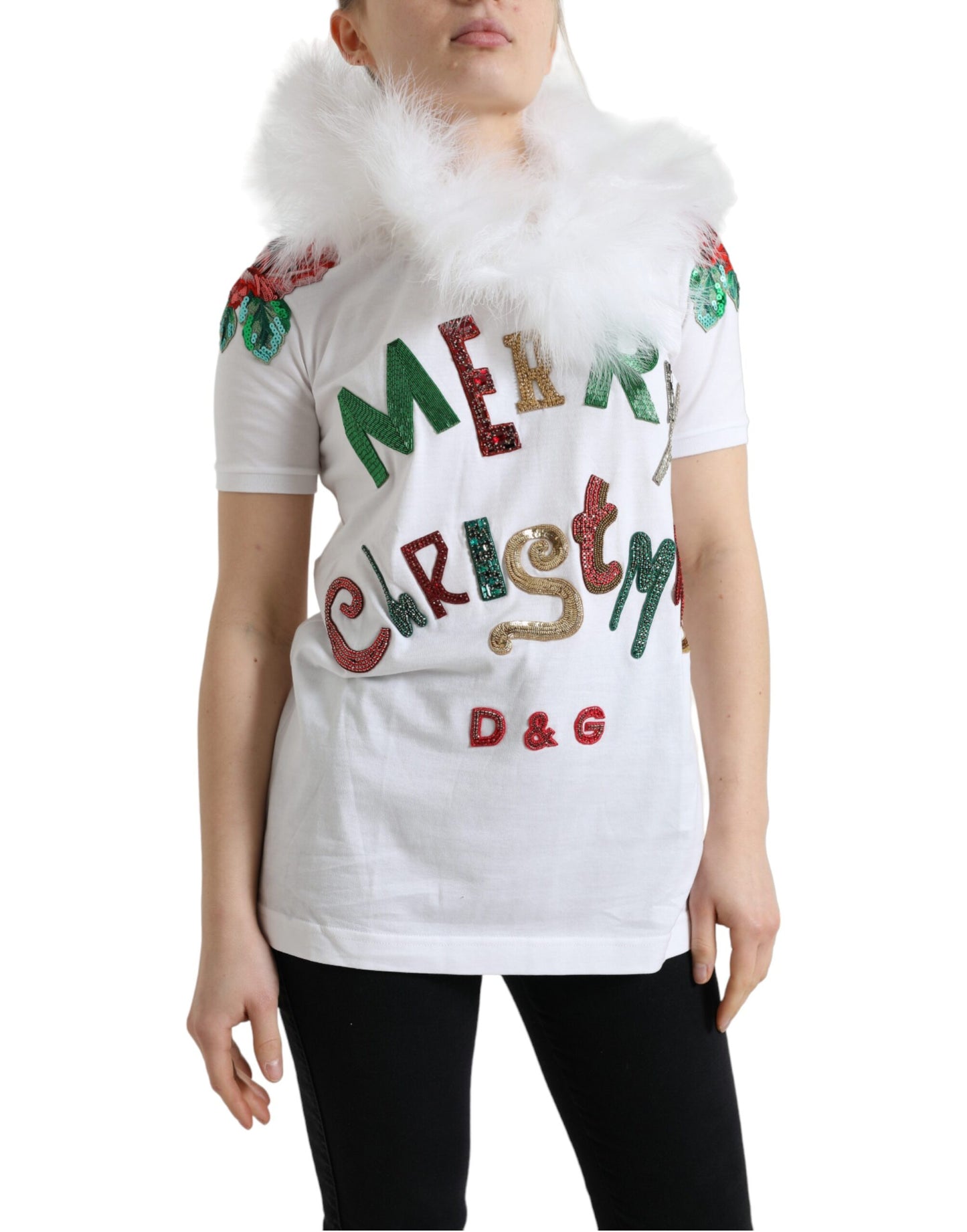 Dolce & Gabbana White Cotton Christmas Sequin Fur T-shirt by Dolce & Gabbana