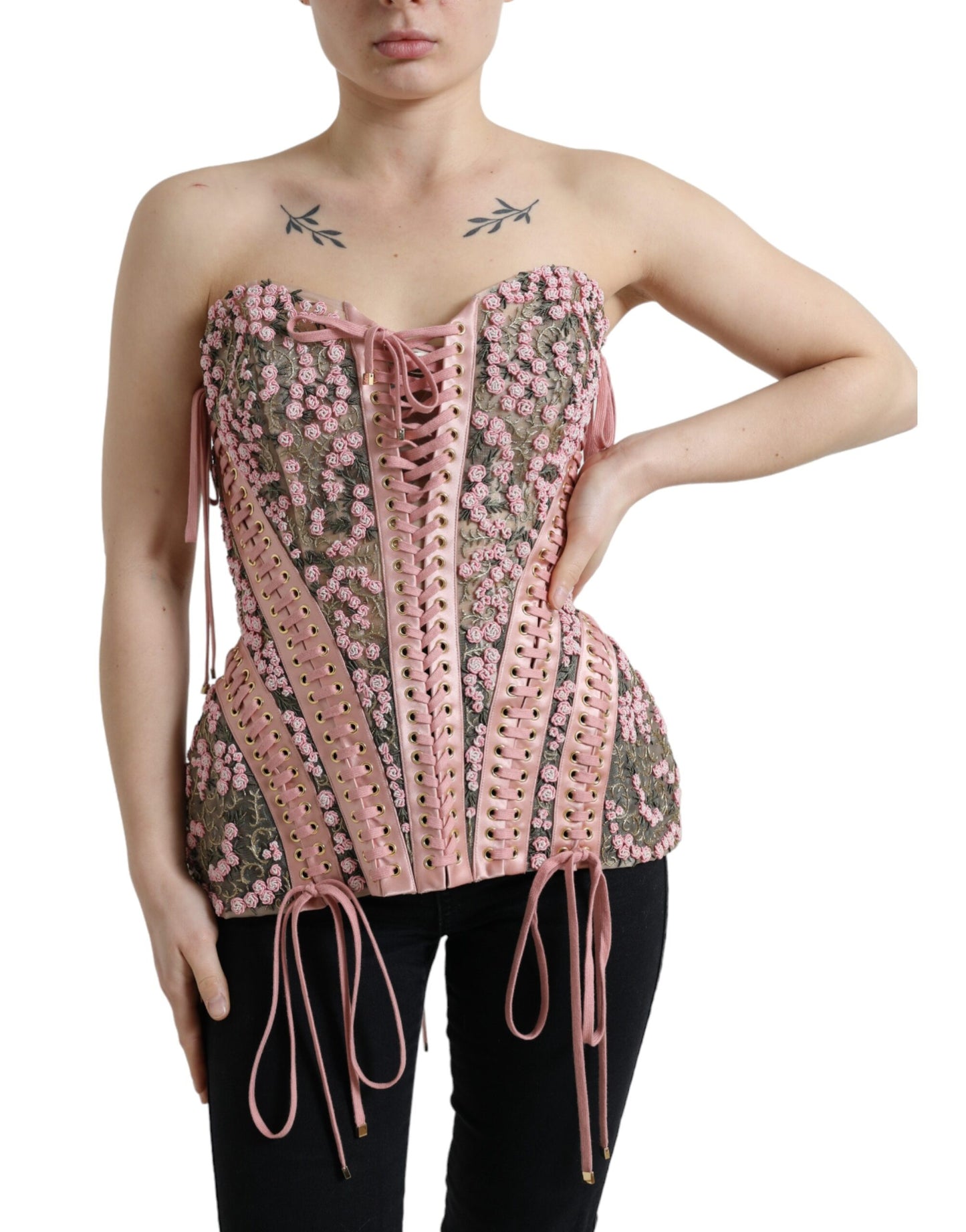 Dolce & Gabbana Pink Floral Applique Bustier Corset Top by Dolce & Gabbana