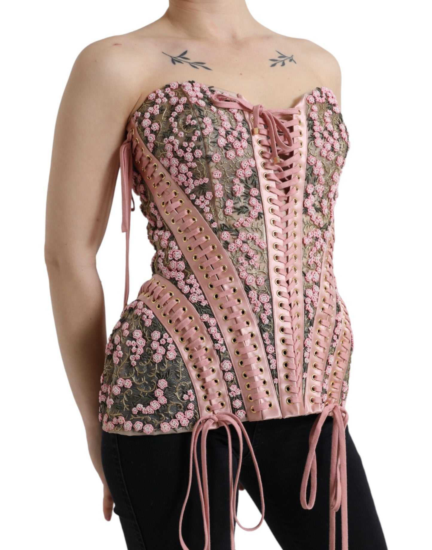 Dolce & Gabbana Pink Floral Applique Bustier Corset Top by Dolce & Gabbana