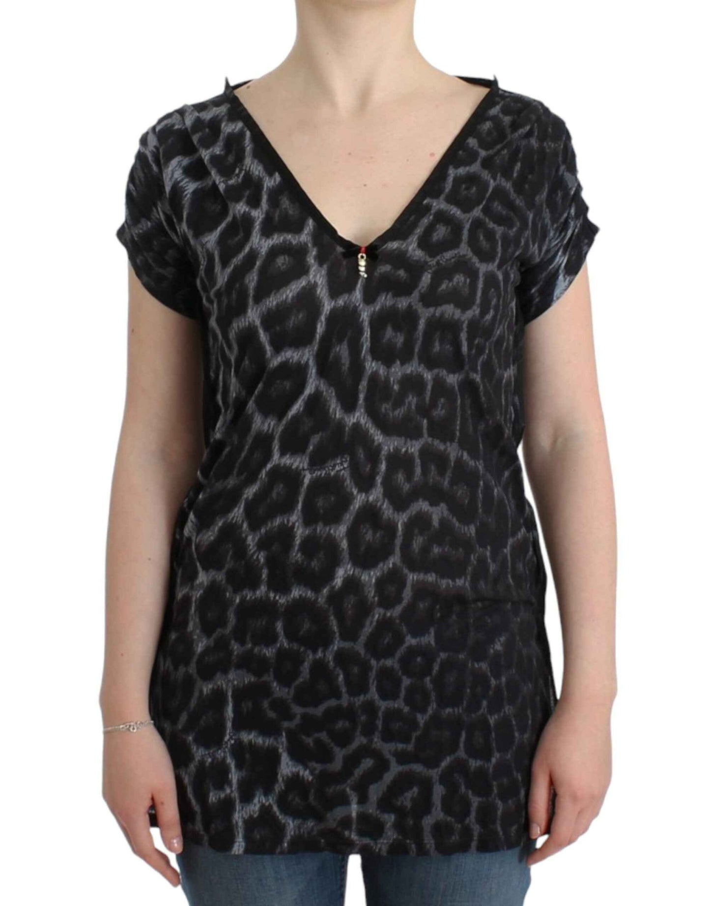 Cavalli Gray leopard v-neck top