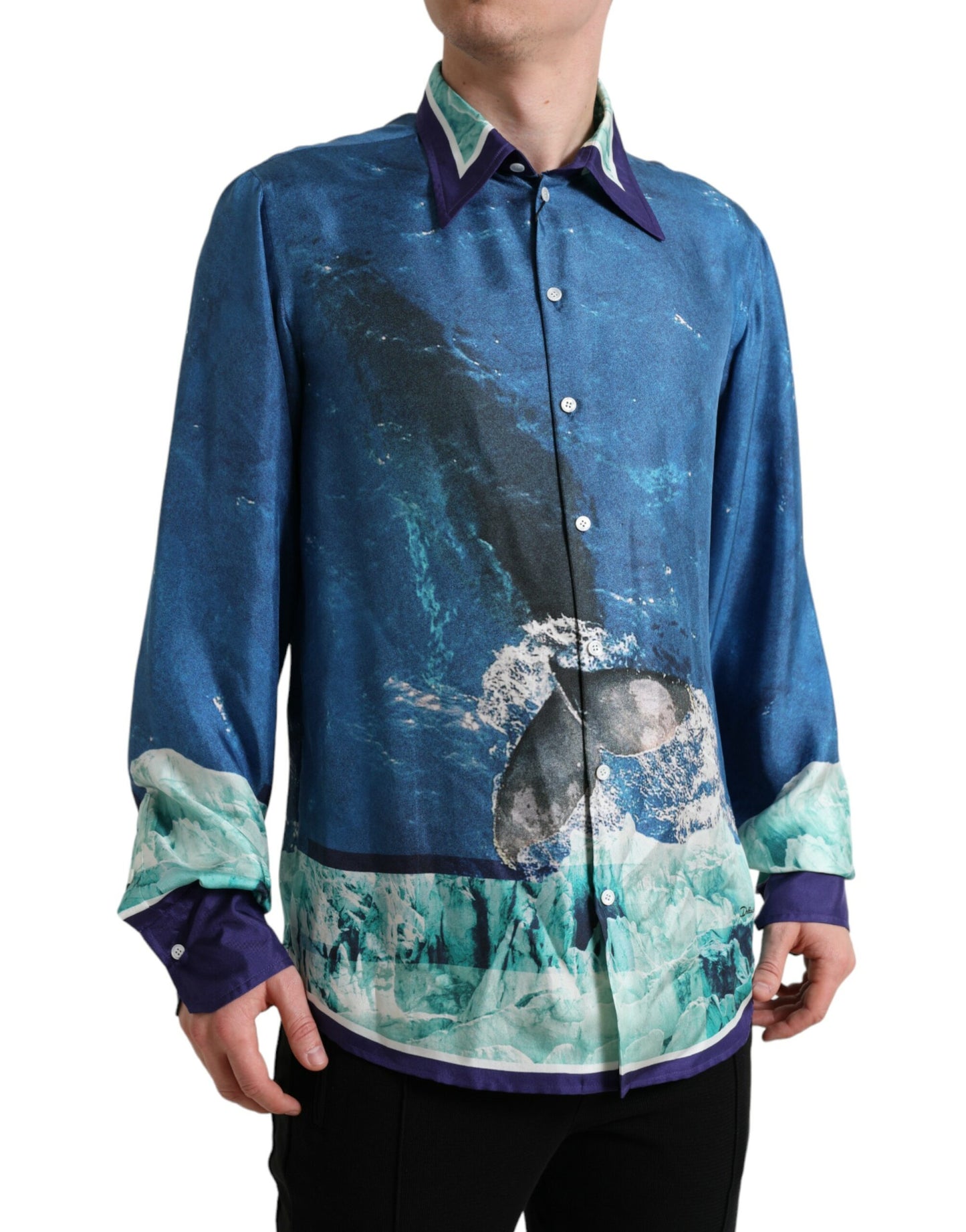 Dolce & Gabbana Blue Ocean Print Silk Collared Button Down Shirt by Dolce & Gabbana