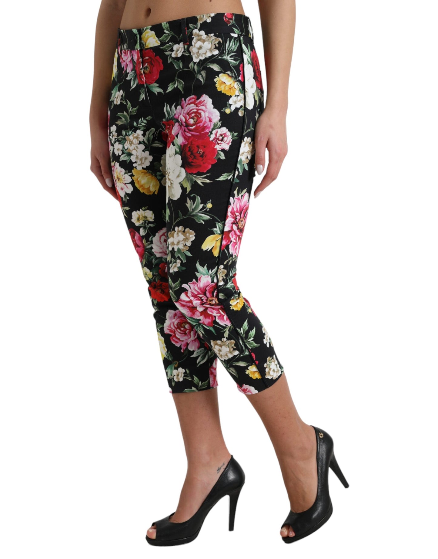 Dolce & Gabbana Black Floral Print Mid Waist Cropped Pants by Dolce & Gabbana