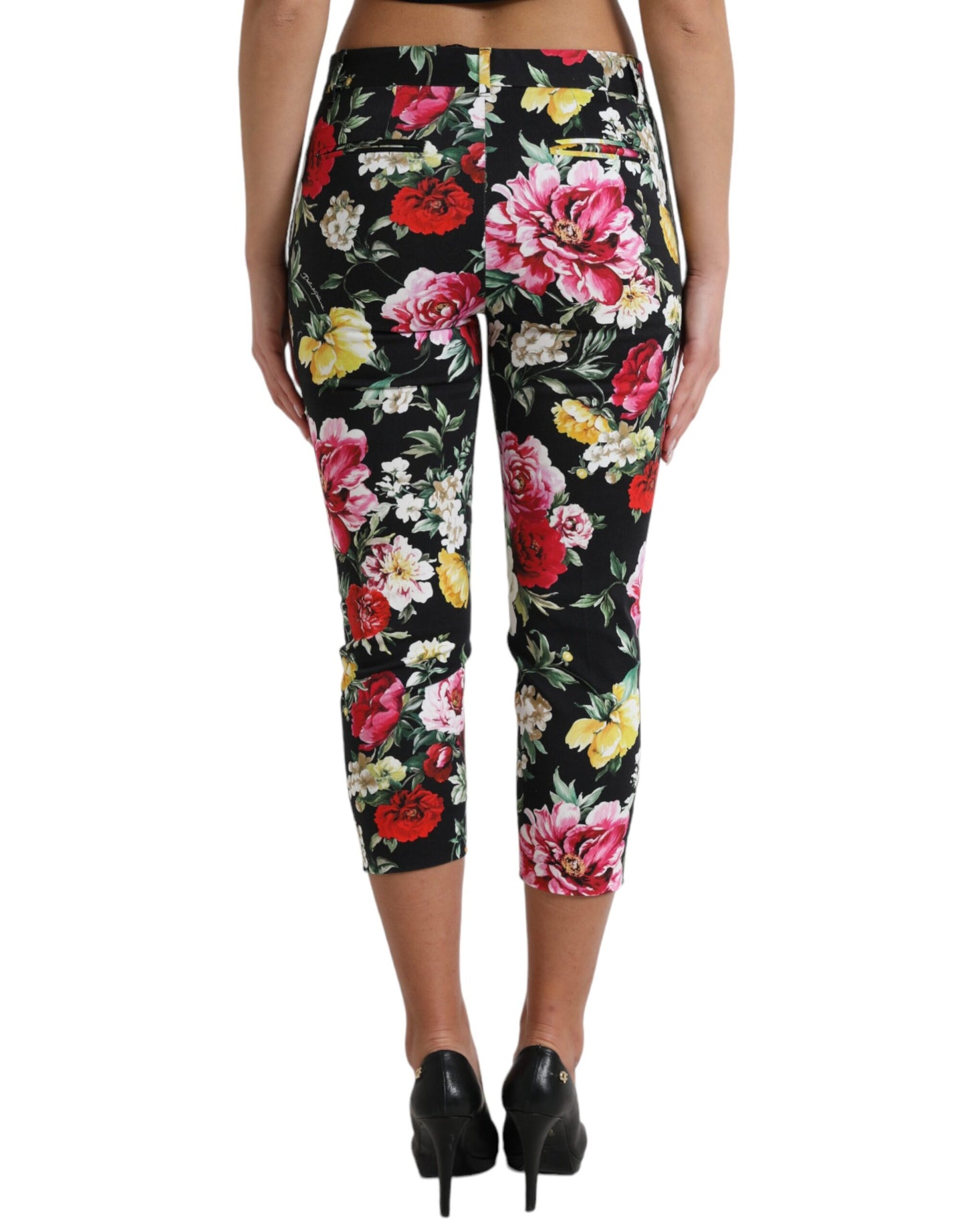 Dolce & Gabbana Black Floral Print Mid Waist Cropped Pants by Dolce & Gabbana