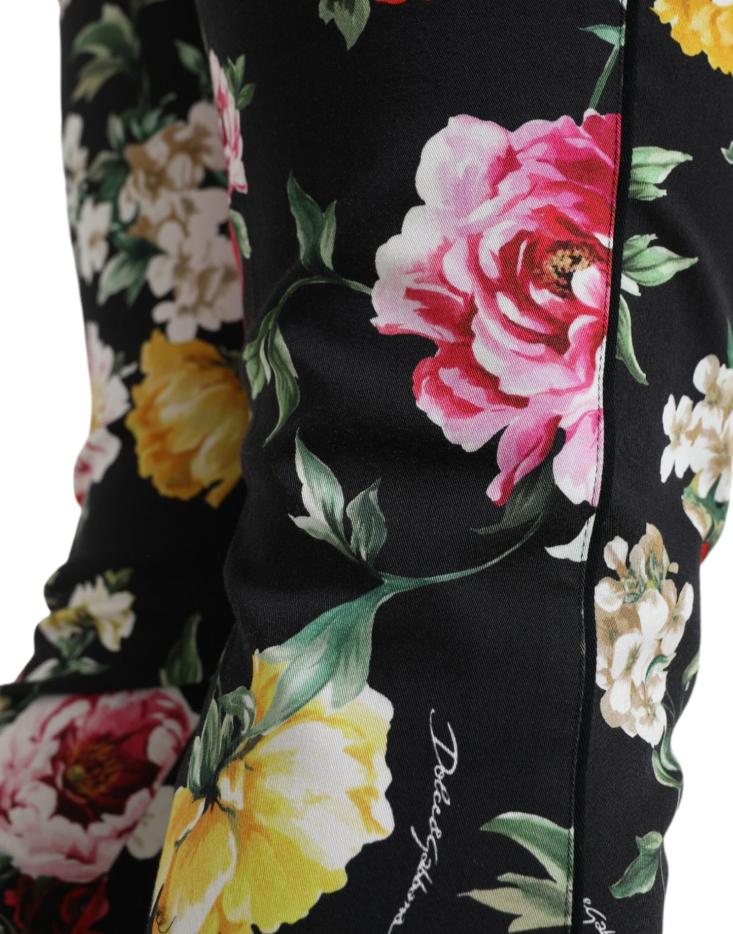 Dolce & Gabbana Black Floral Print Mid Waist Cropped Pants by Dolce & Gabbana