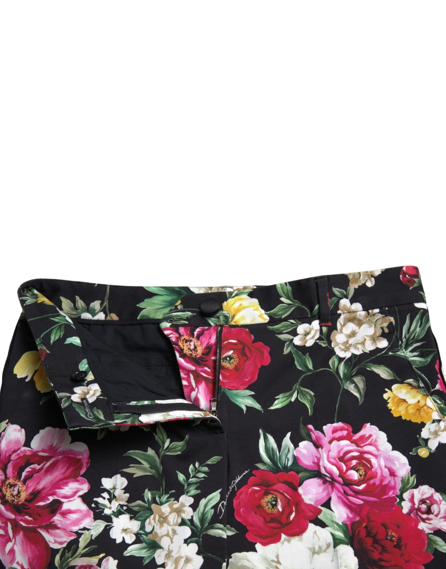 Dolce & Gabbana Black Floral Print Mid Waist Cropped Pants by Dolce & Gabbana