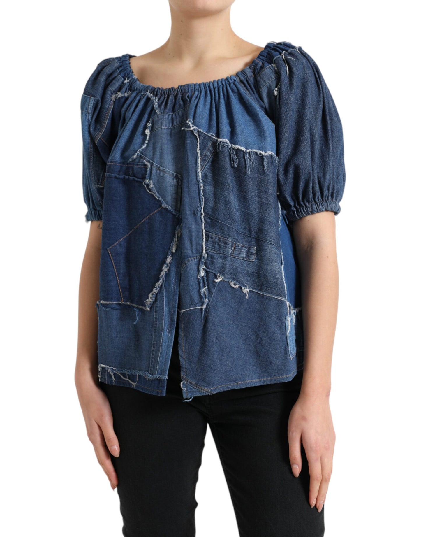 Dolce & Gabbana Blue Patchwork Short Sleeves Denim Blouse Top by Dolce & Gabbana