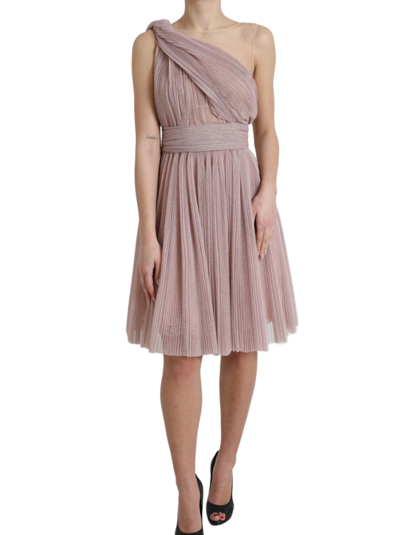 Dolce & Gabbana Pink One Shoulder Pleated Lame Tulle Dress by Dolce & Gabbana