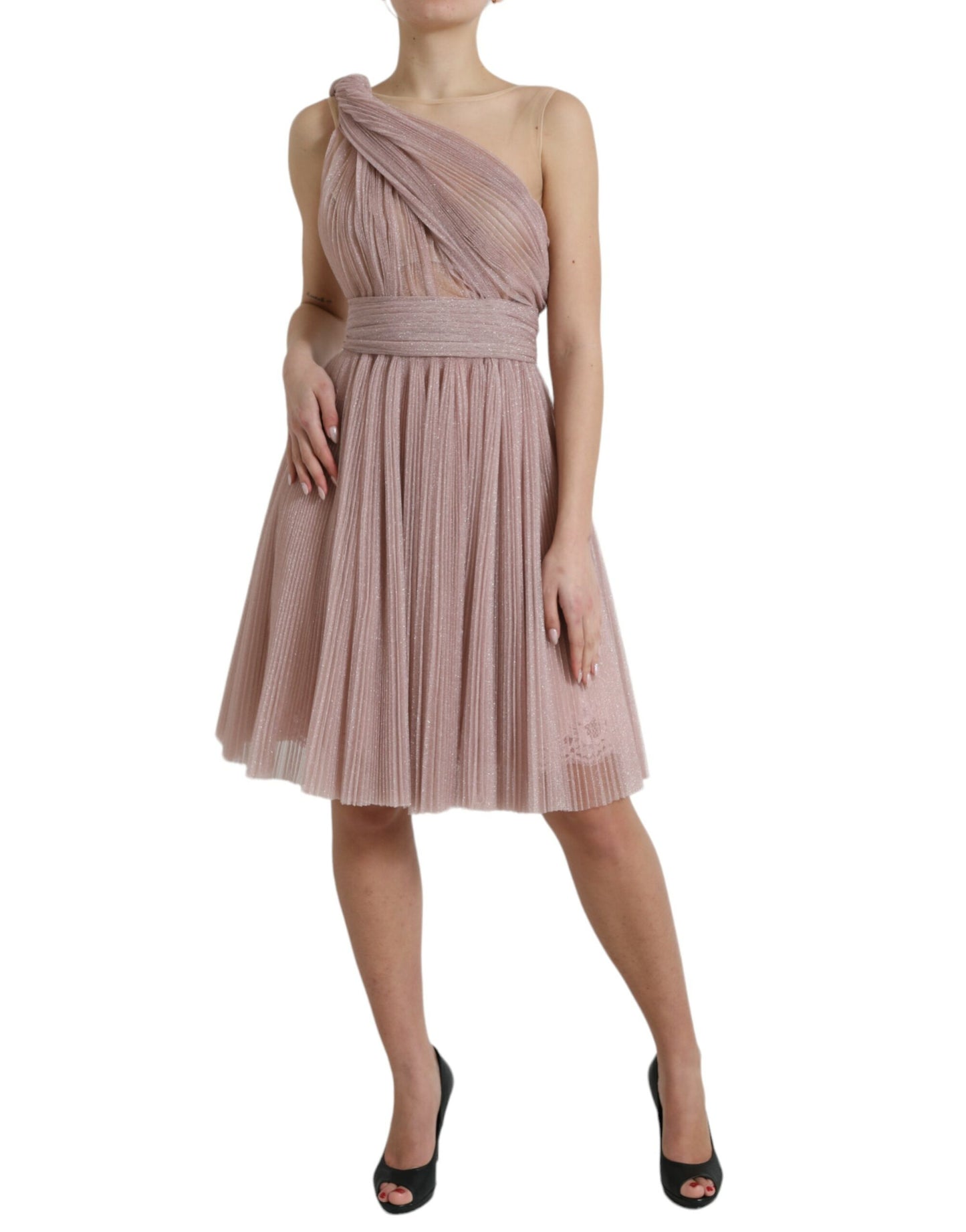 Dolce & Gabbana Pink One Shoulder Pleated Lame Tulle Dress by Dolce & Gabbana