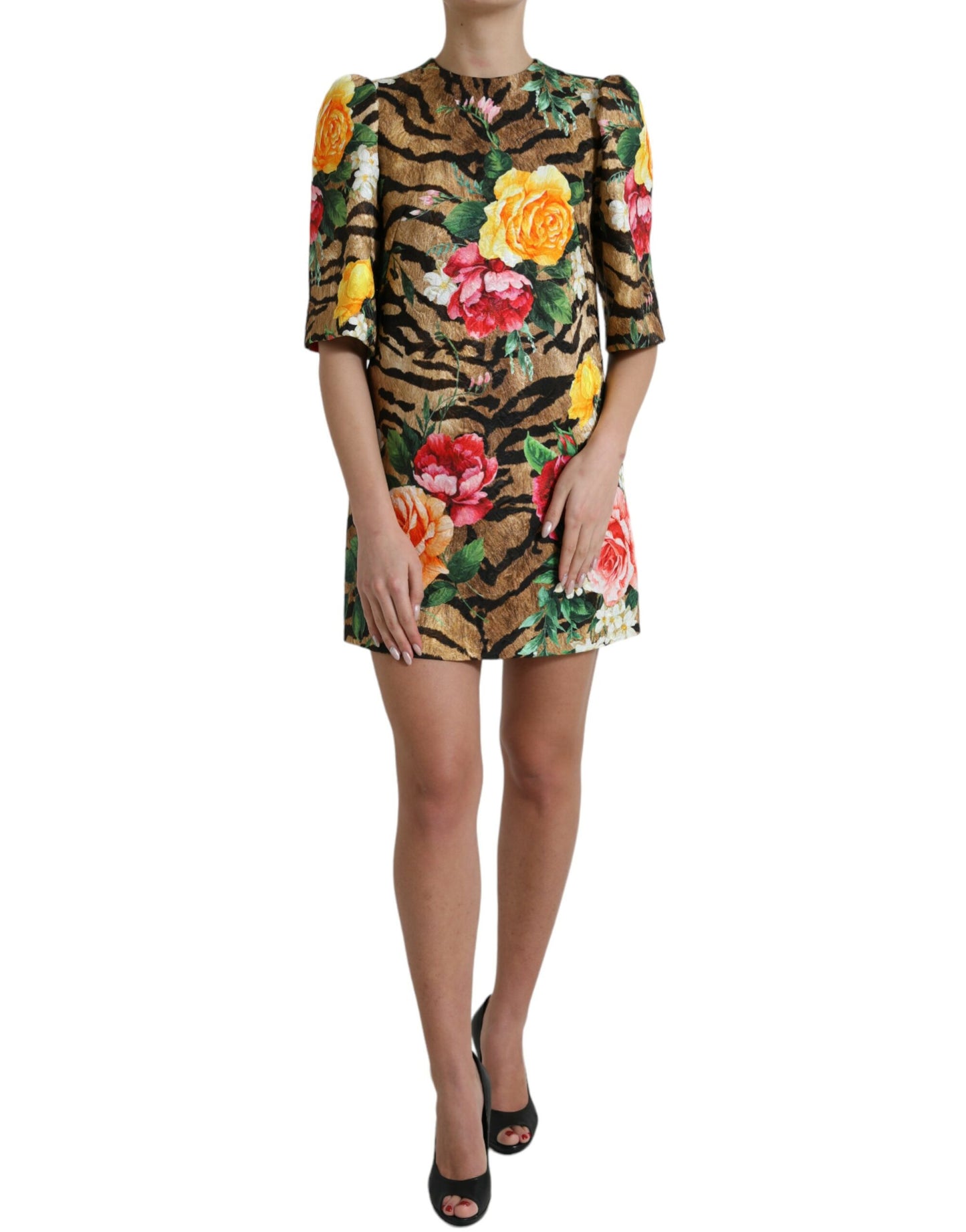 Dolce & Gabbana Multicolor Tiger Floral Print Shift Mini Dress by Dolce & Gabbana