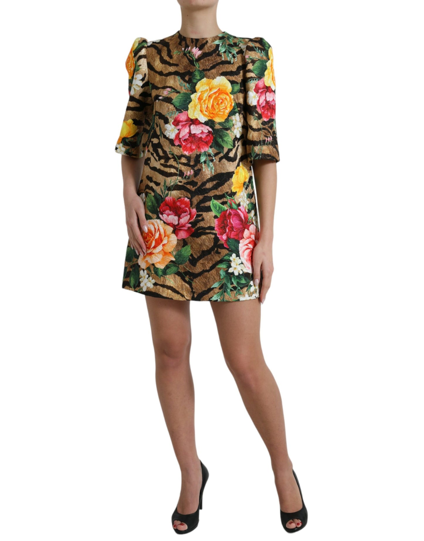 Dolce & Gabbana Multicolor Tiger Floral Print Shift Mini Dress by Dolce & Gabbana