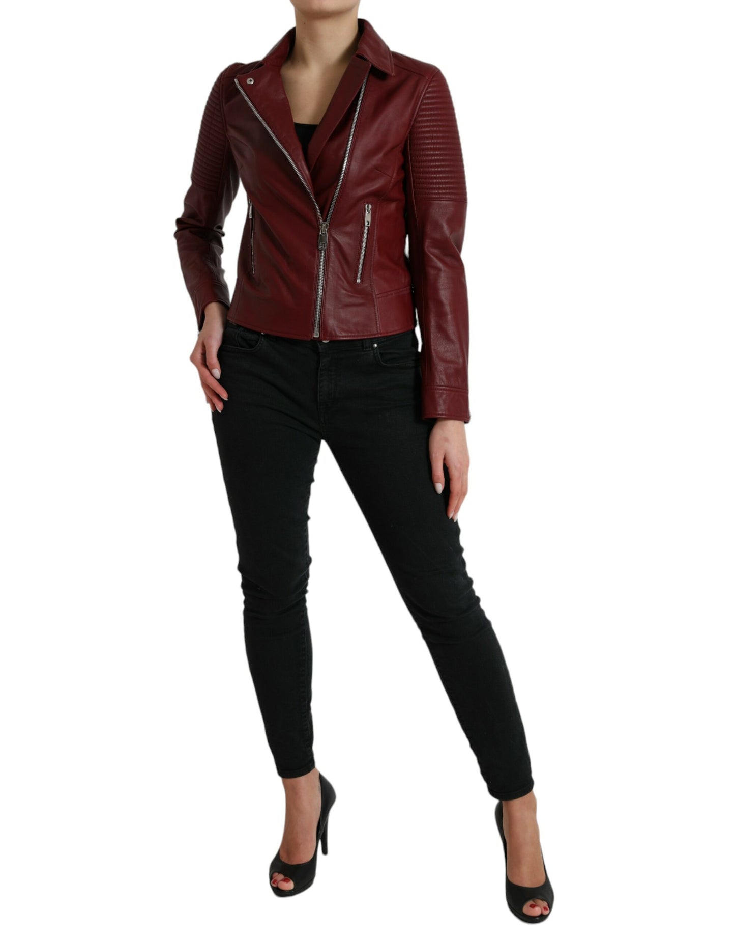 Veste motard en cuir bordeaux Dolce & Gabbana