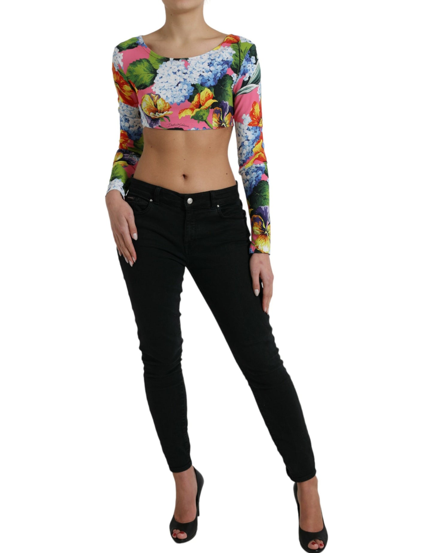 Dolce & Gabbana Multicolor Floral Long Sleeves Cropped Top by Dolce & Gabbana