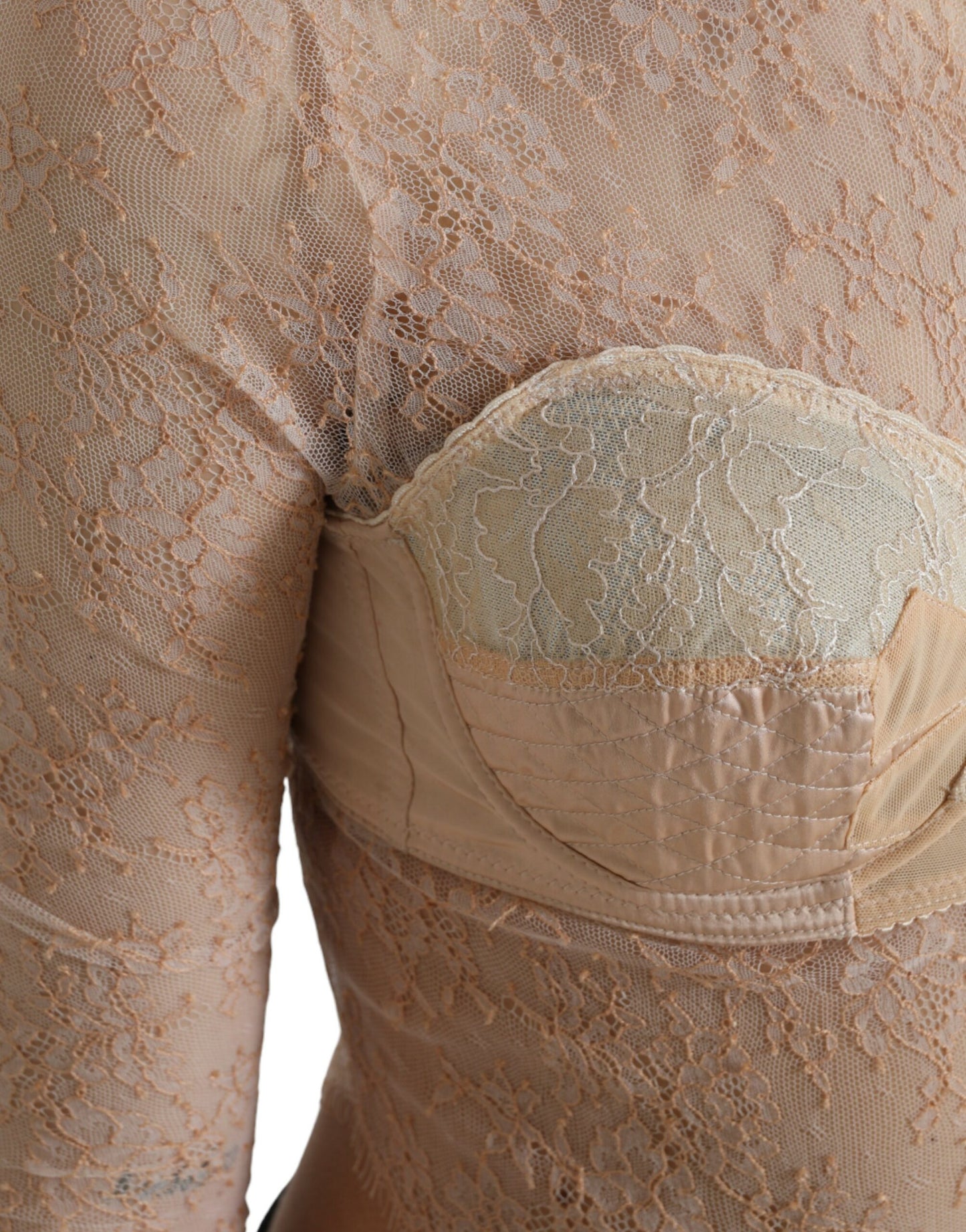 Dolce & Gabbana Beige Nylon Floral Lace Bustier Cropped Top by Dolce & Gabbana