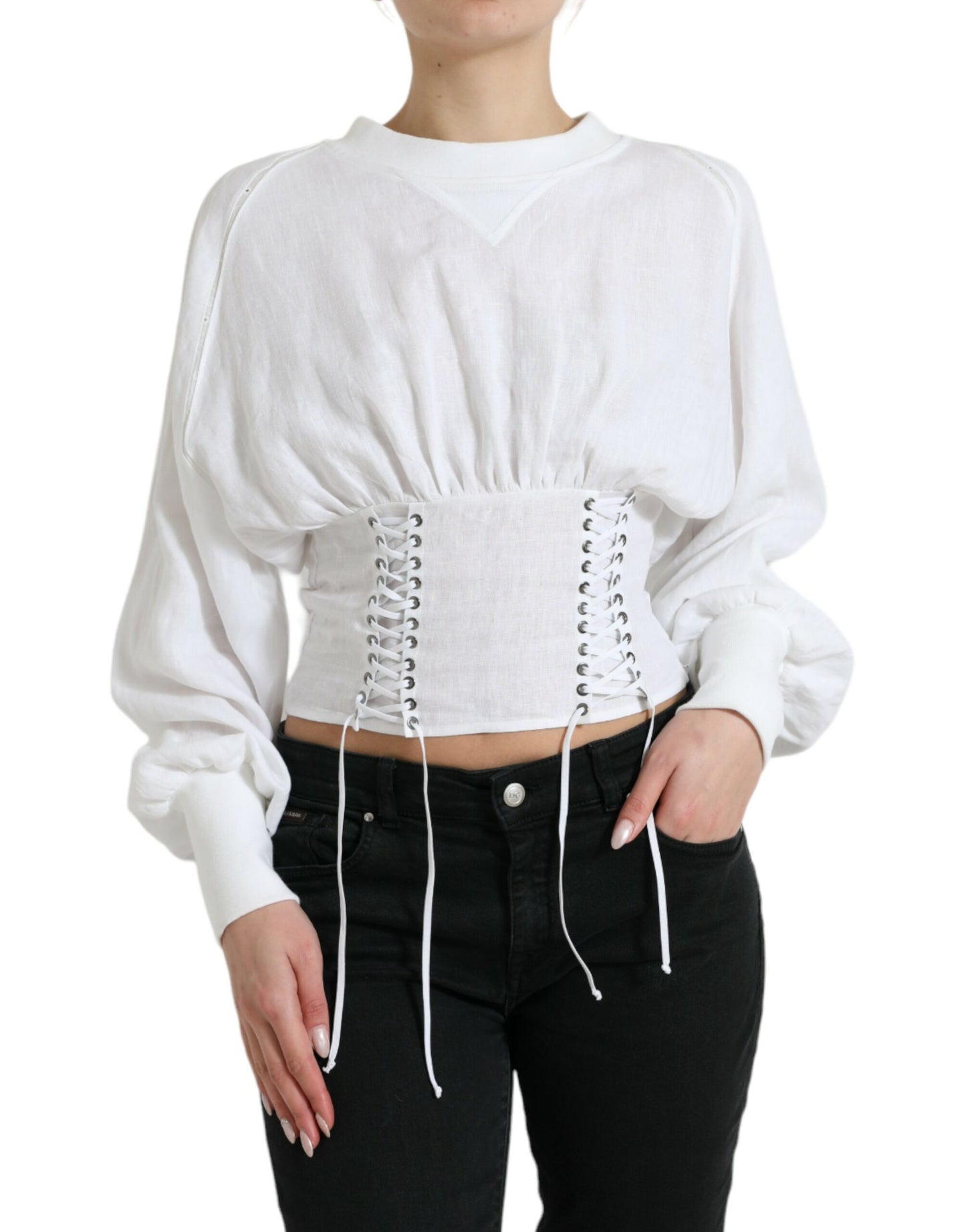 Dolce & Gabbana White Cotton Corset Cropped Long Sleeves Topclothing by Dolce & Gabbana