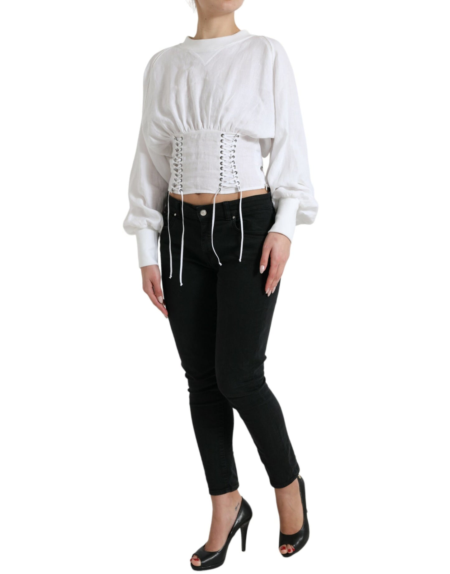 Dolce & Gabbana White Cotton Corset Cropped Long Sleeves Topclothing by Dolce & Gabbana