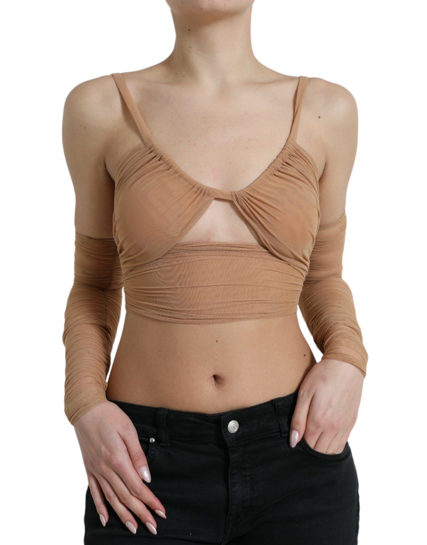 Dolce & Gabbana Brown Nylon Stretch Open Shoulder Cropped Top by Dolce & Gabbana