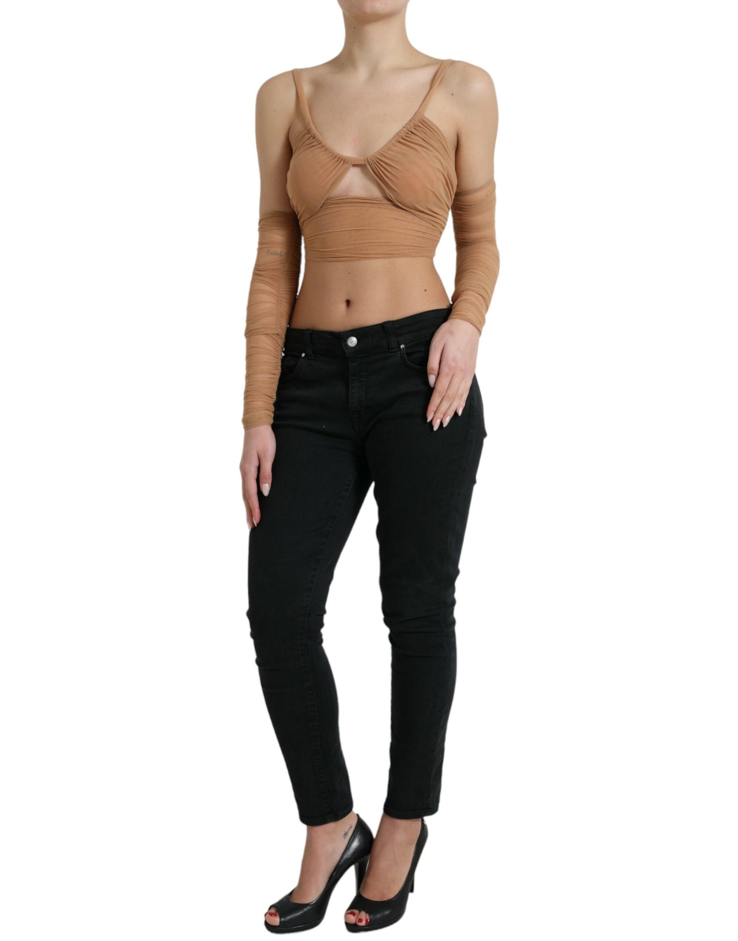 Dolce & Gabbana Brown Nylon Stretch Open Shoulder Cropped Top by Dolce & Gabbana
