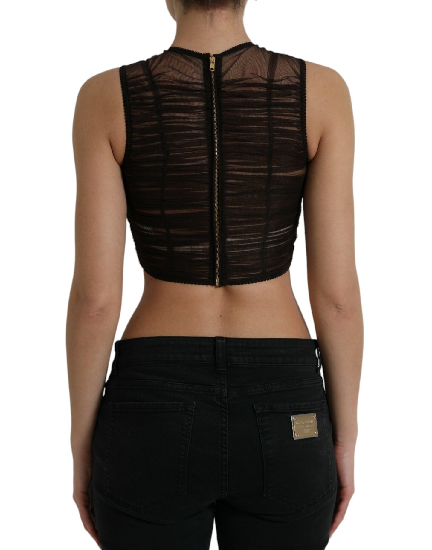 Dolce & Gabbana Brown Embellished Nylon Stretch Cropped Top by Dolce & Gabbana