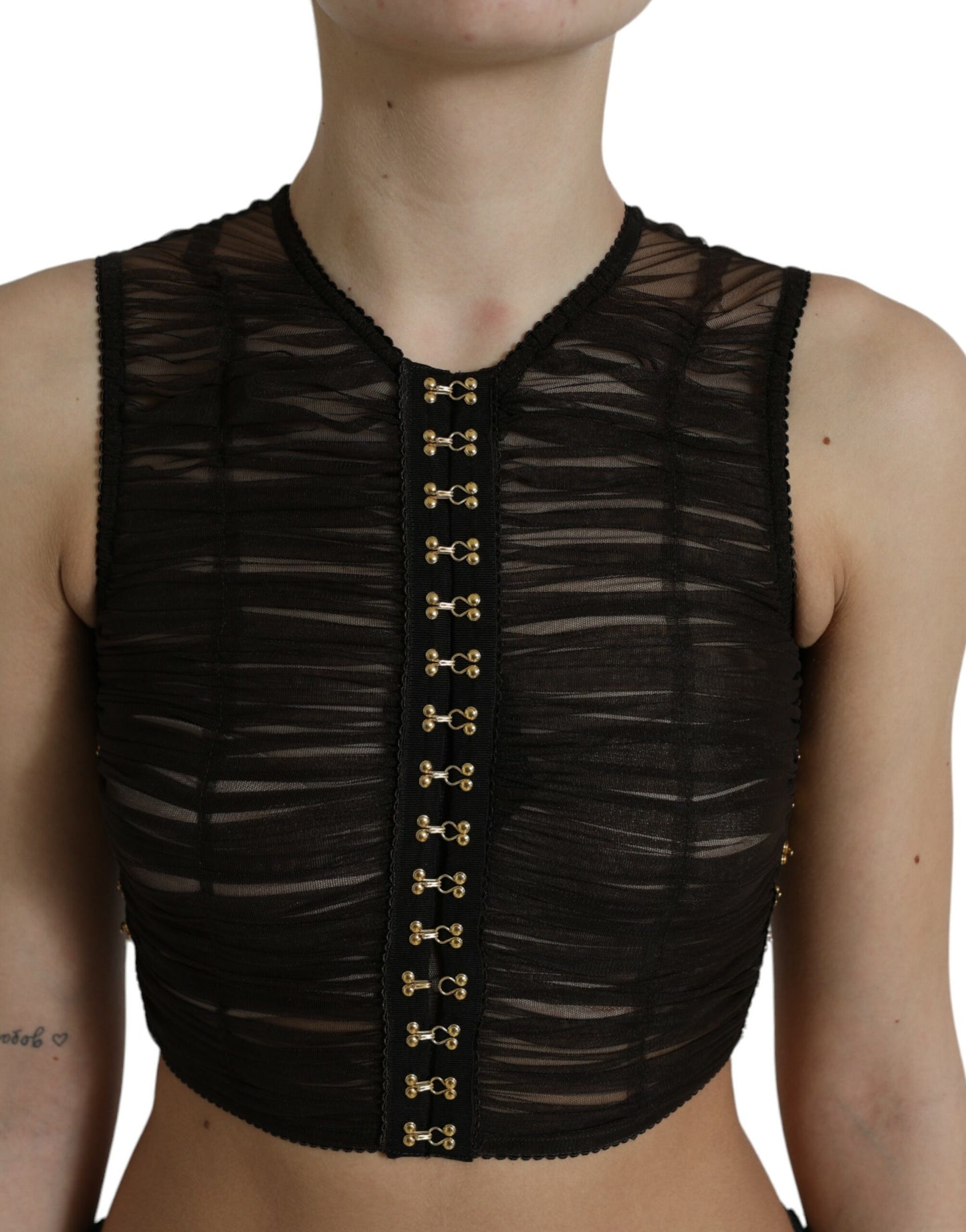 Dolce & Gabbana Brown Embellished Nylon Stretch Cropped Top by Dolce & Gabbana
