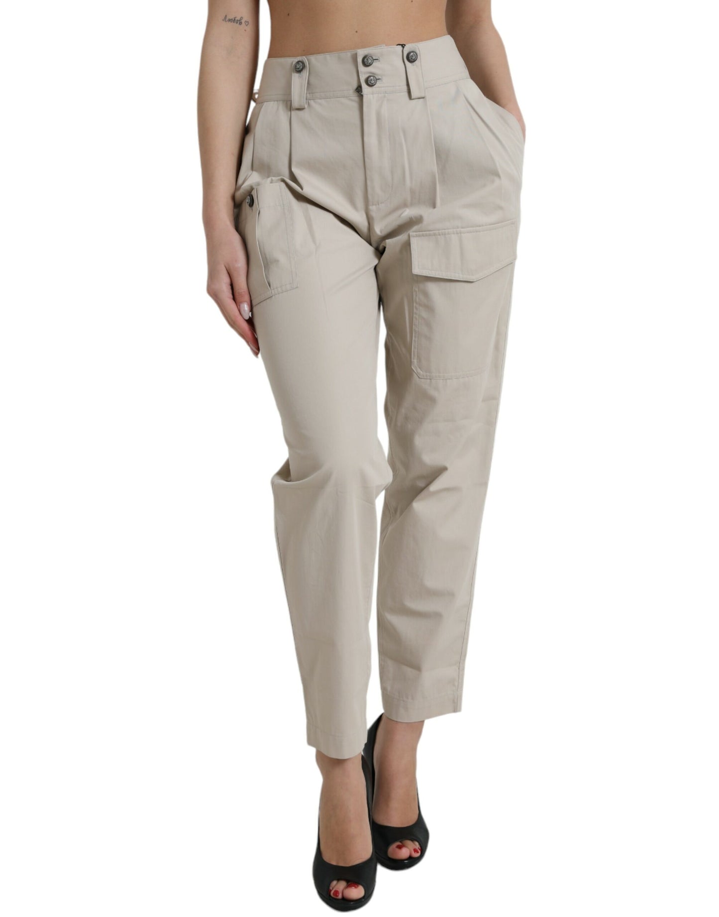 Dolce & Gabbana Beige Cotton High Waist Tapered Pants by Dolce & Gabbana