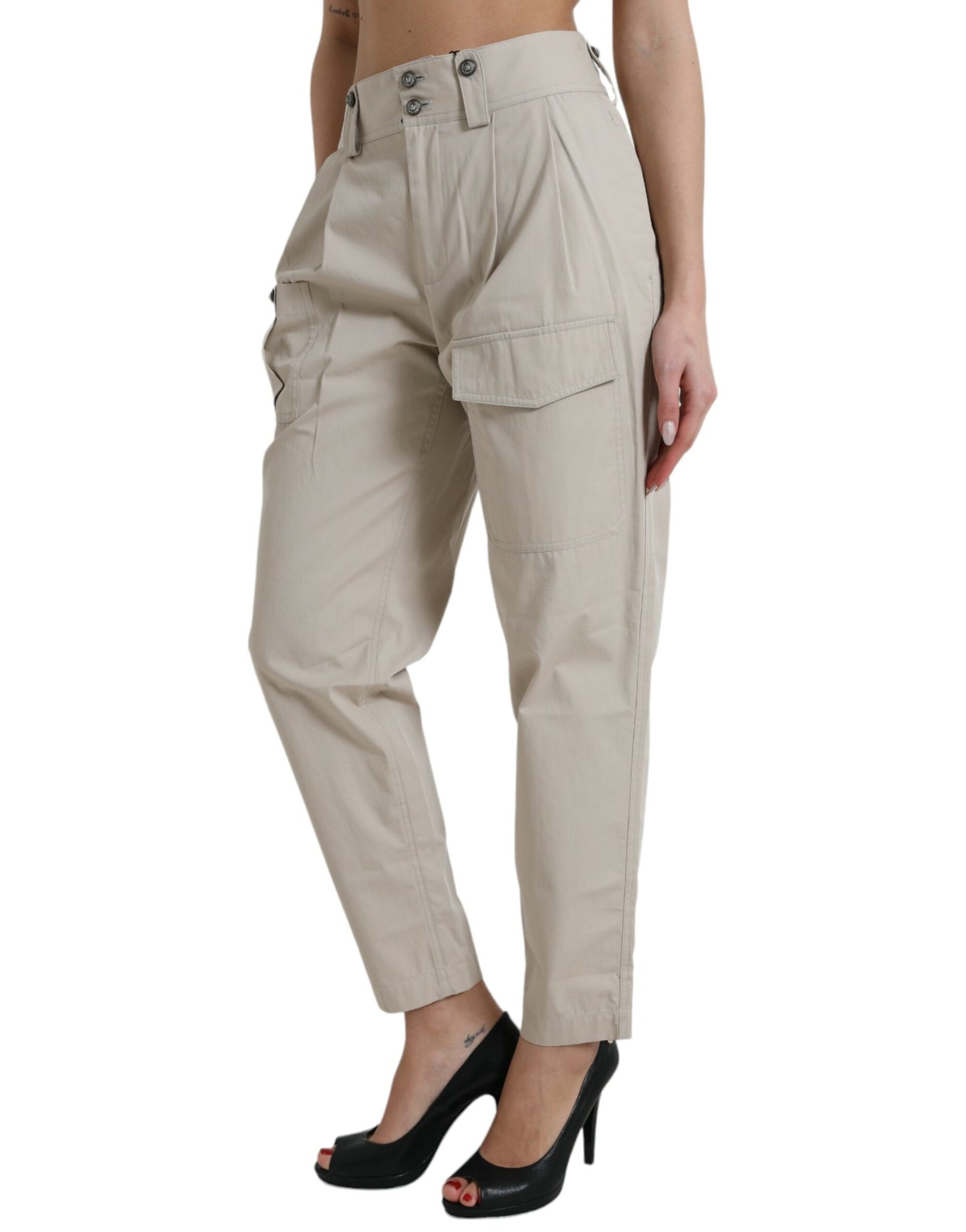 Dolce & Gabbana Beige Cotton High Waist Tapered Pants by Dolce & Gabbana