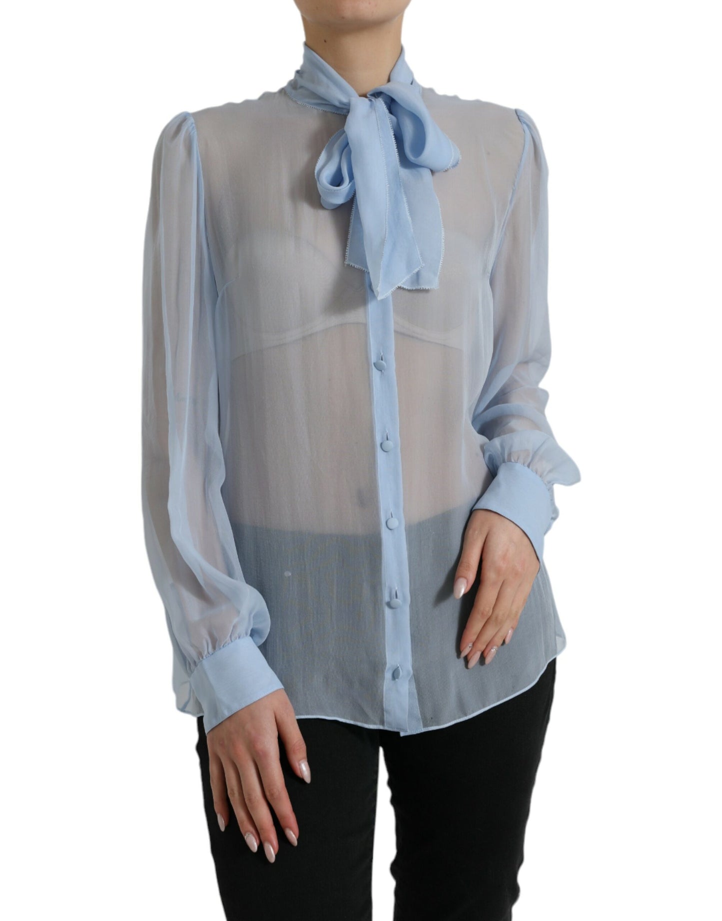 Dolce & Gabbana Blue Long Sleeves Ascot Collar Blouse Top by Dolce & Gabbana