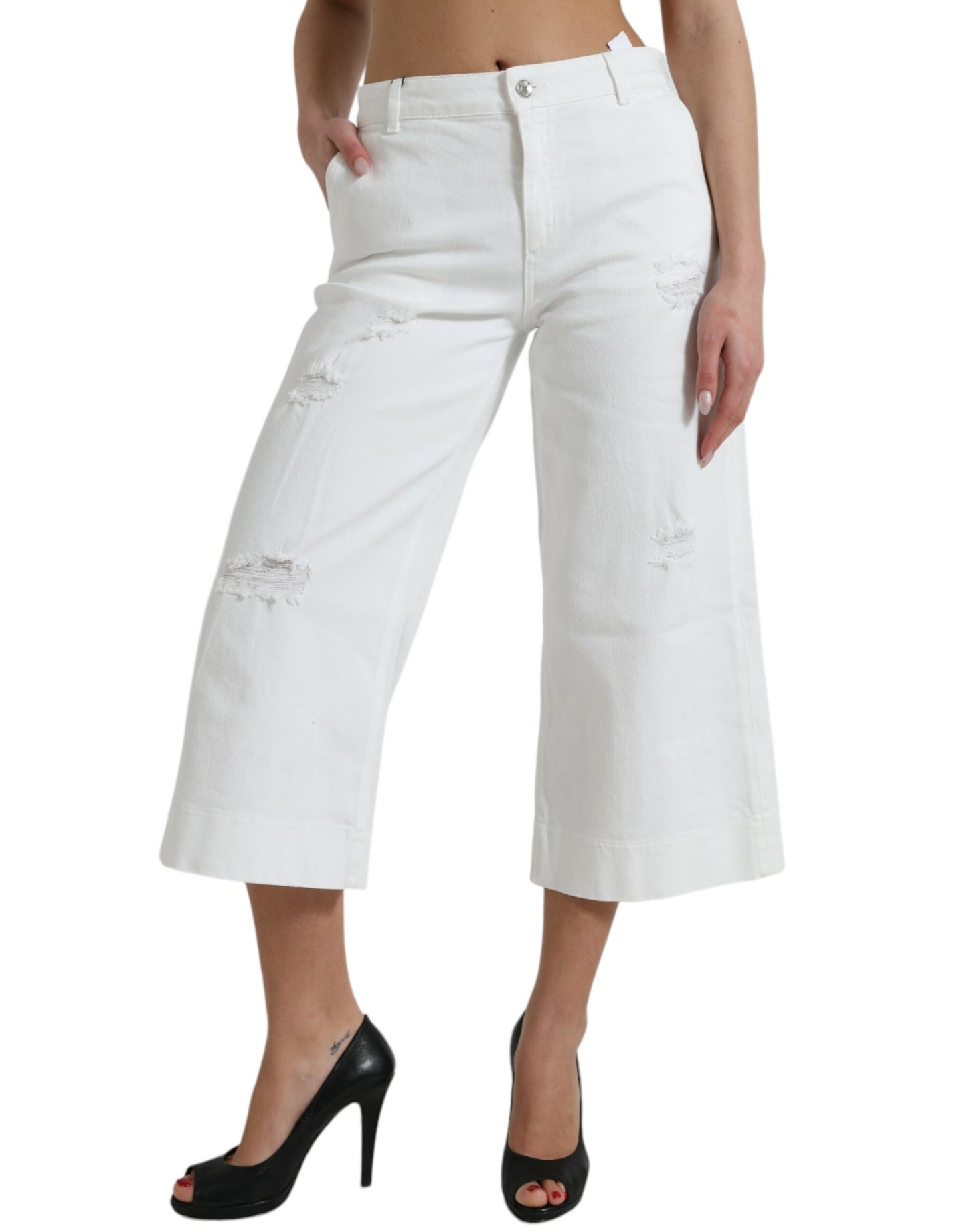 Dolce & Gabbana White Cotton Cropped Wide Leg Denim Jeans by Dolce & Gabbana