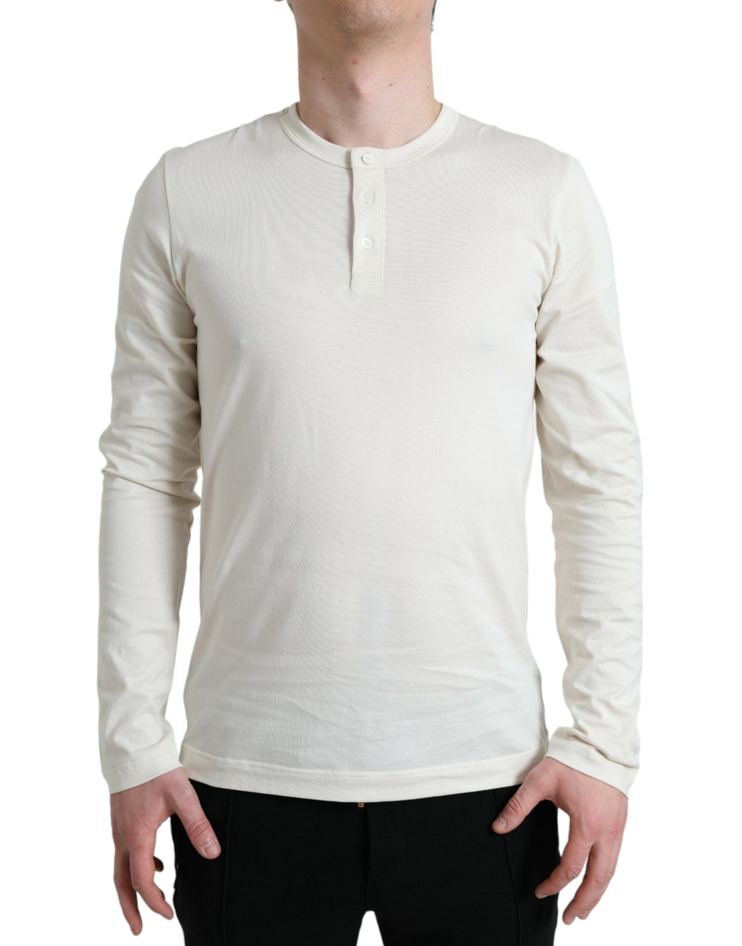 Dolce & Gabbana Off White Cotton Henley Pullover Sweater by Dolce & Gabbana