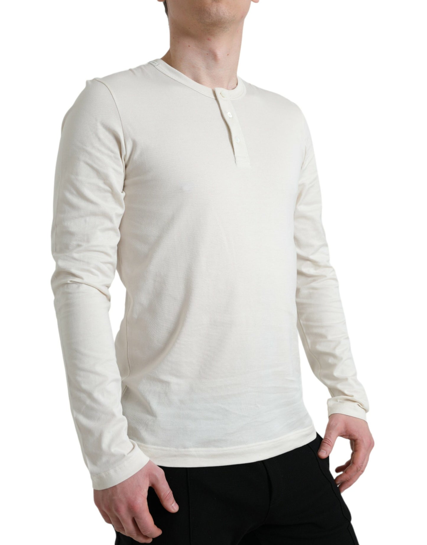 Dolce & Gabbana Off White Cotton Henley Pullover Sweater by Dolce & Gabbana