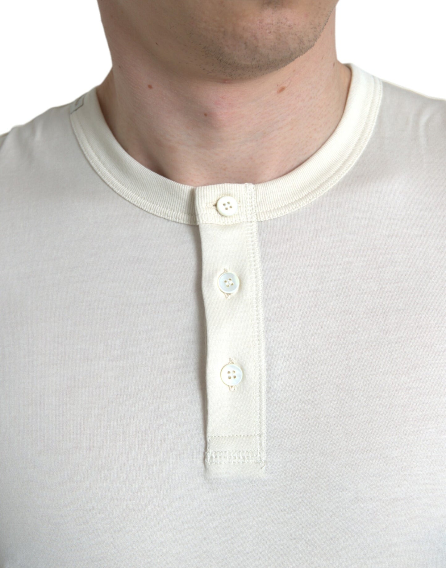 Dolce & Gabbana Off White Cotton Henley Pullover Sweater by Dolce & Gabbana