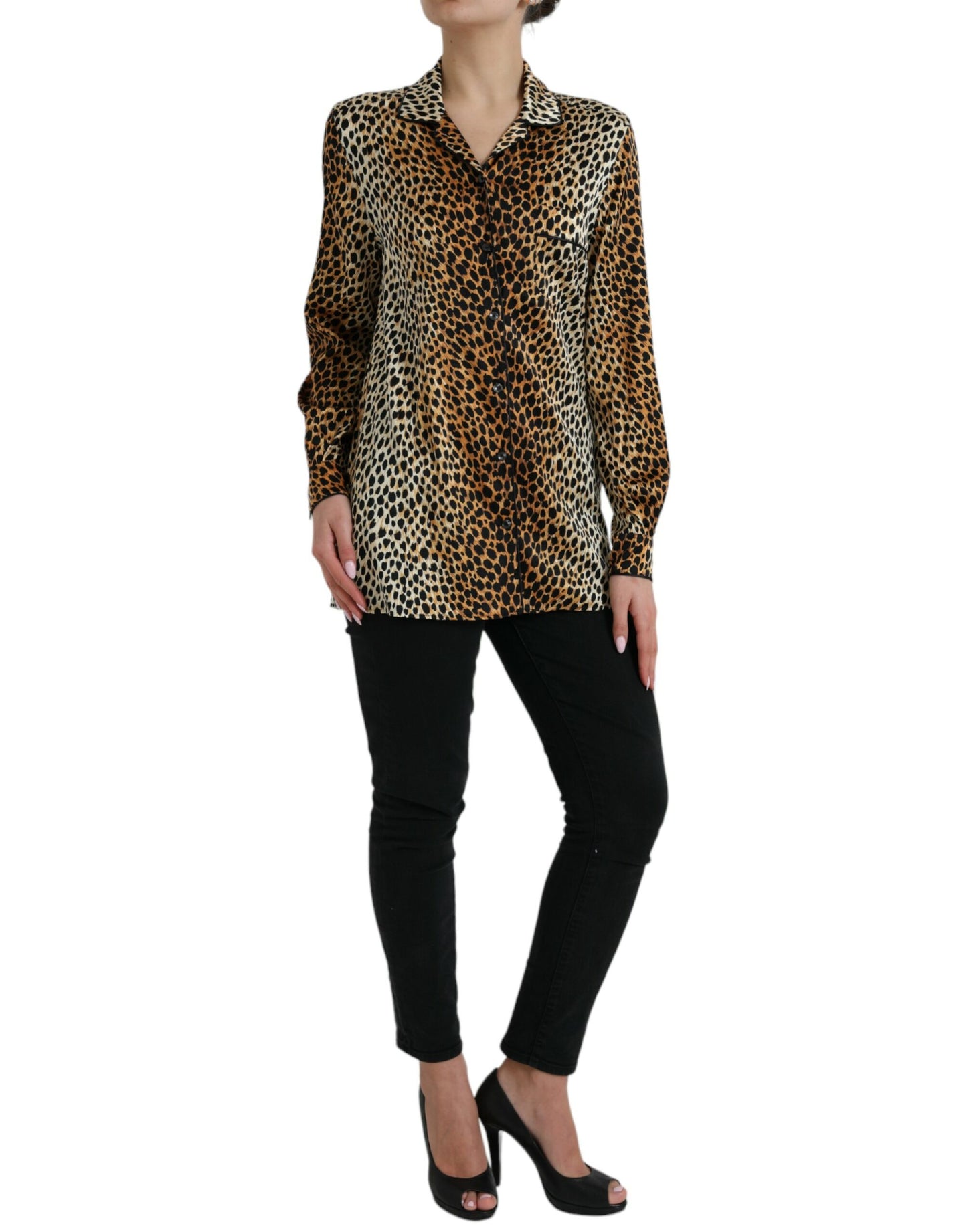 Dolce & Gabbana Brown Leopard Print Long Sleeves Blouse Top by Dolce & Gabbana